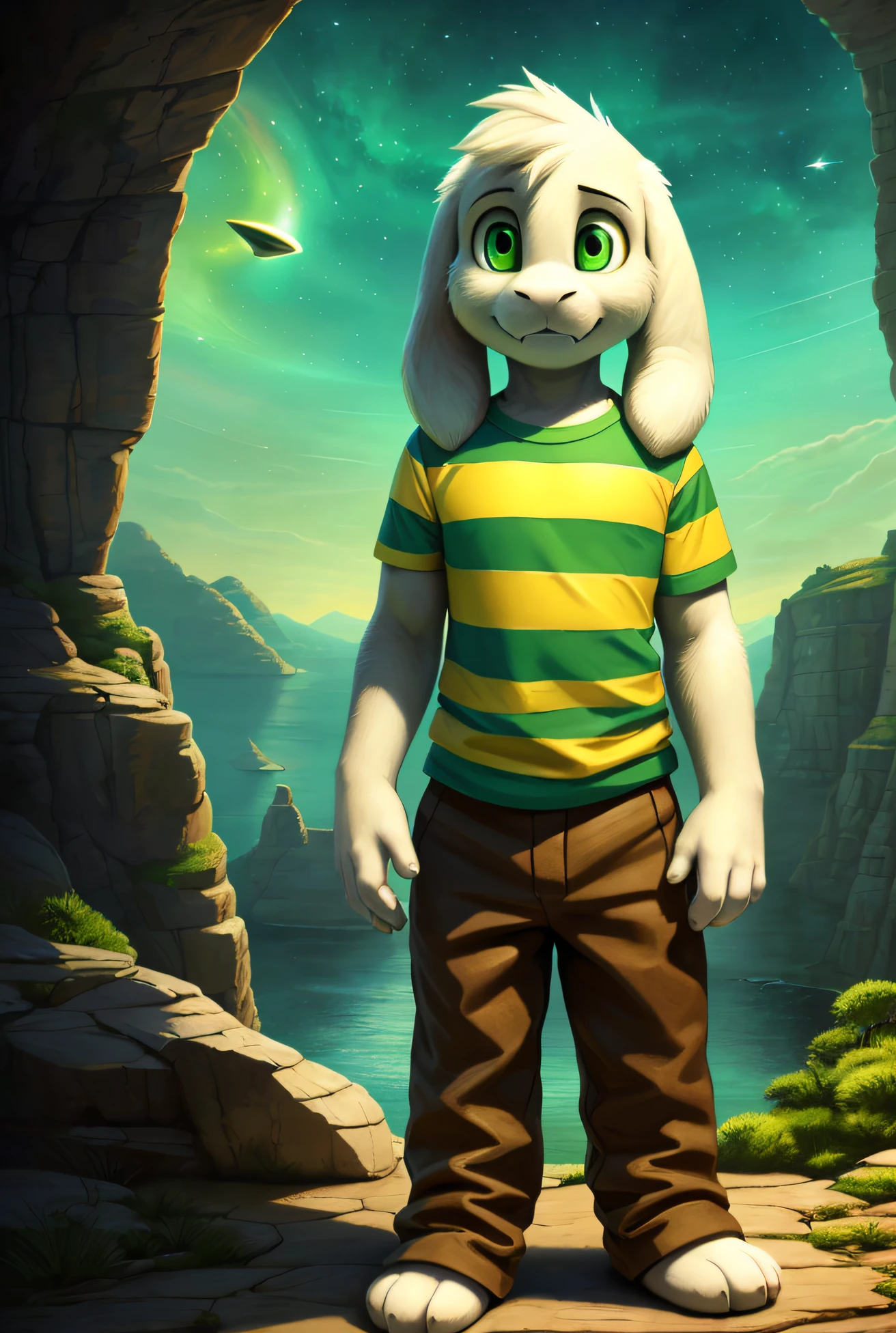 1boy,(( )), t-shirt, pants, solo, kid, teen, casting magic, saturn, alien planet cliffs,, above, bridges, (green-yellow striped t-shirt, brown pants), (best quality, ultra-detailed, best illustration, masterpiece, high res, professional artwork, famous artwork), realistic paint, (insane detailed eyes, green shine eyes), white fur, detailed realistic painting, male, detailed white fur, asriel, portrait, detailed hands, shaded, four fingers, insane details, looking forward, cartoon, cute