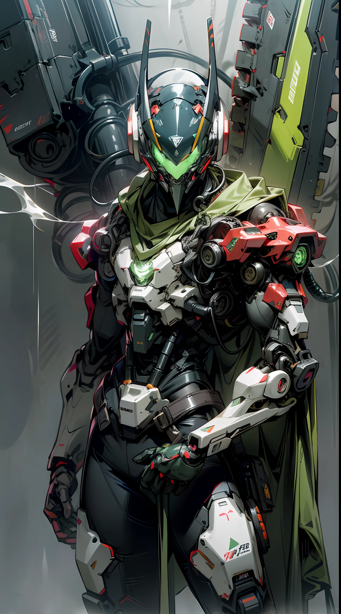 Dark_Fantasy, cyberpunk, (chainsaw, chain saw man, red: 1.1), 1man, mechanical wonder, robotic presence, cybernetic guardian, green color, fluttering BIOLUMINESCENT BLUE cape, helmet, : 1.1), 1man, mechanical wonder, robotic presence, cybernetic guardian, booster, hyper realistic,IN THE MIDST OF SMOKE ON THE BATTLEFIELD, high contrast, 8k rendering, masterpiece, ptofissional photography, expressive pose
