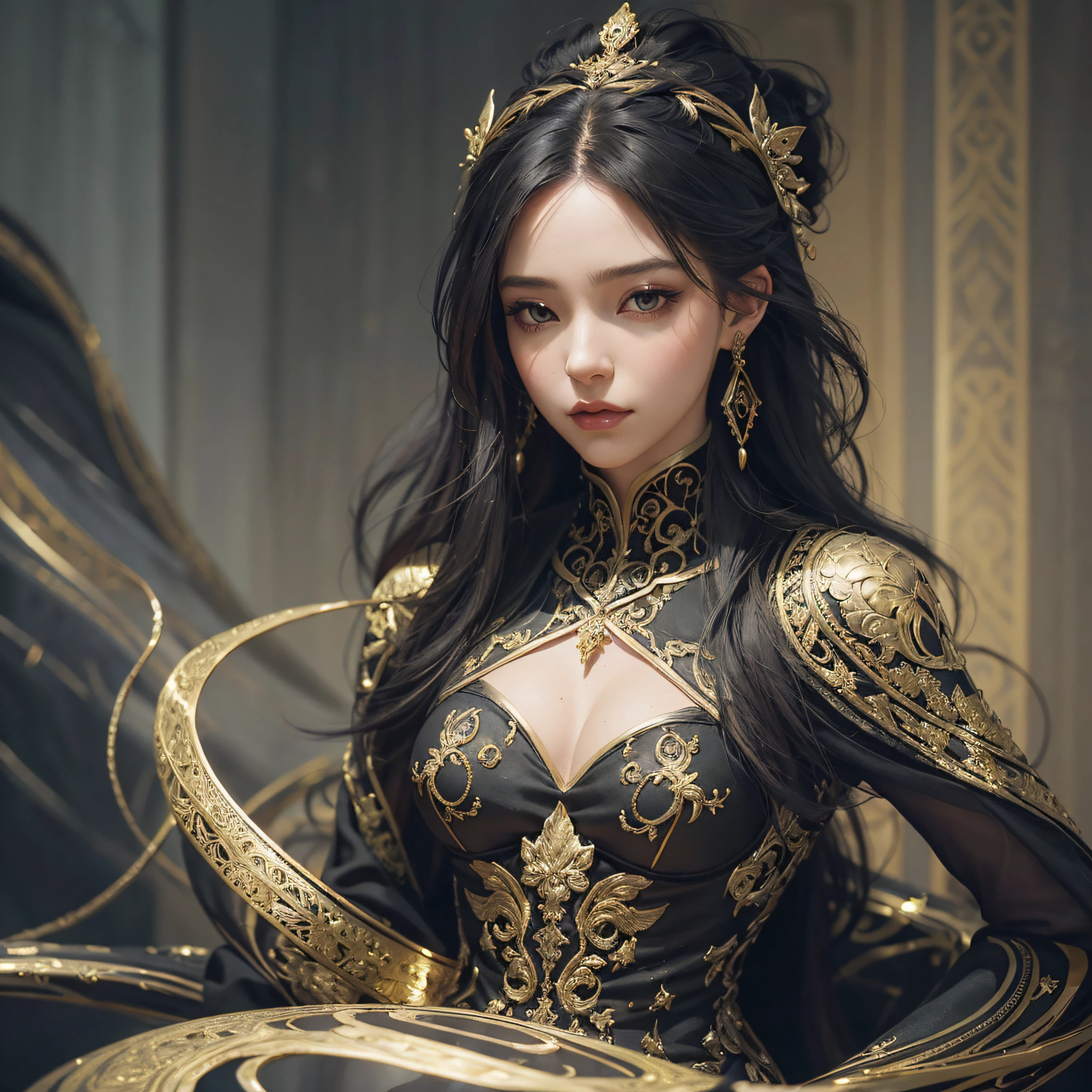 Arafed image of a woman in a black and gold dress, intricate wlop, charlie bowater character art, alexandra fomina artstation, exquisite epic art character, best in wlop, artgerm julie bell beeple, tyler edlin fantasy art, charlie bowater rich deep colors --auto --s2