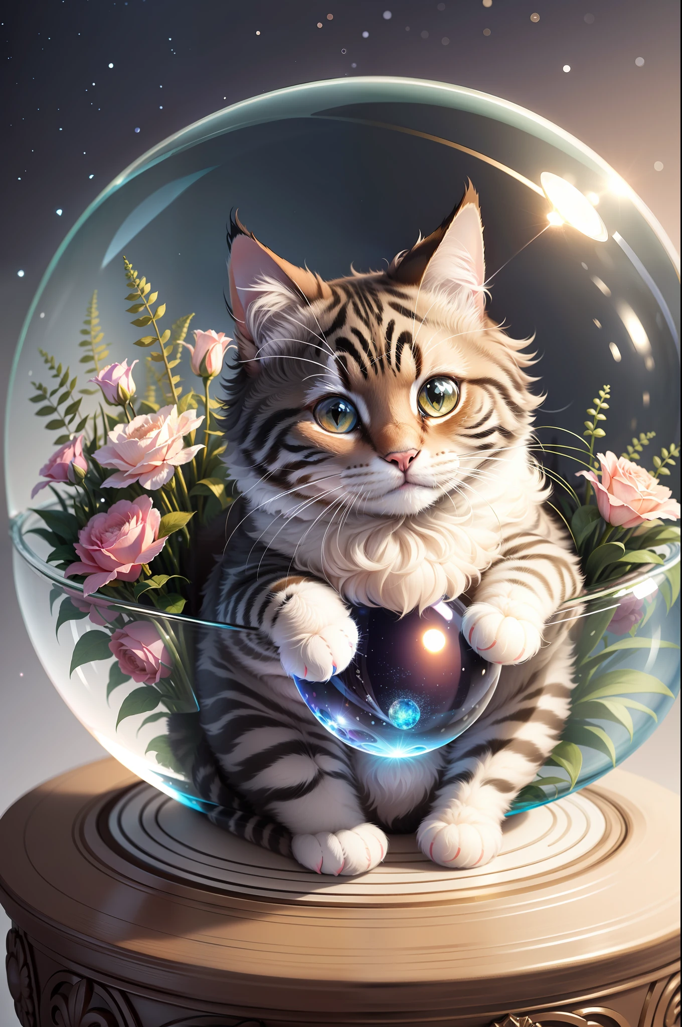 4k, realistic, very detailed, adorable chubby fluffy cat sitting in a crystal sphere, cat placed inside a sphere, beautiful flowers, magic