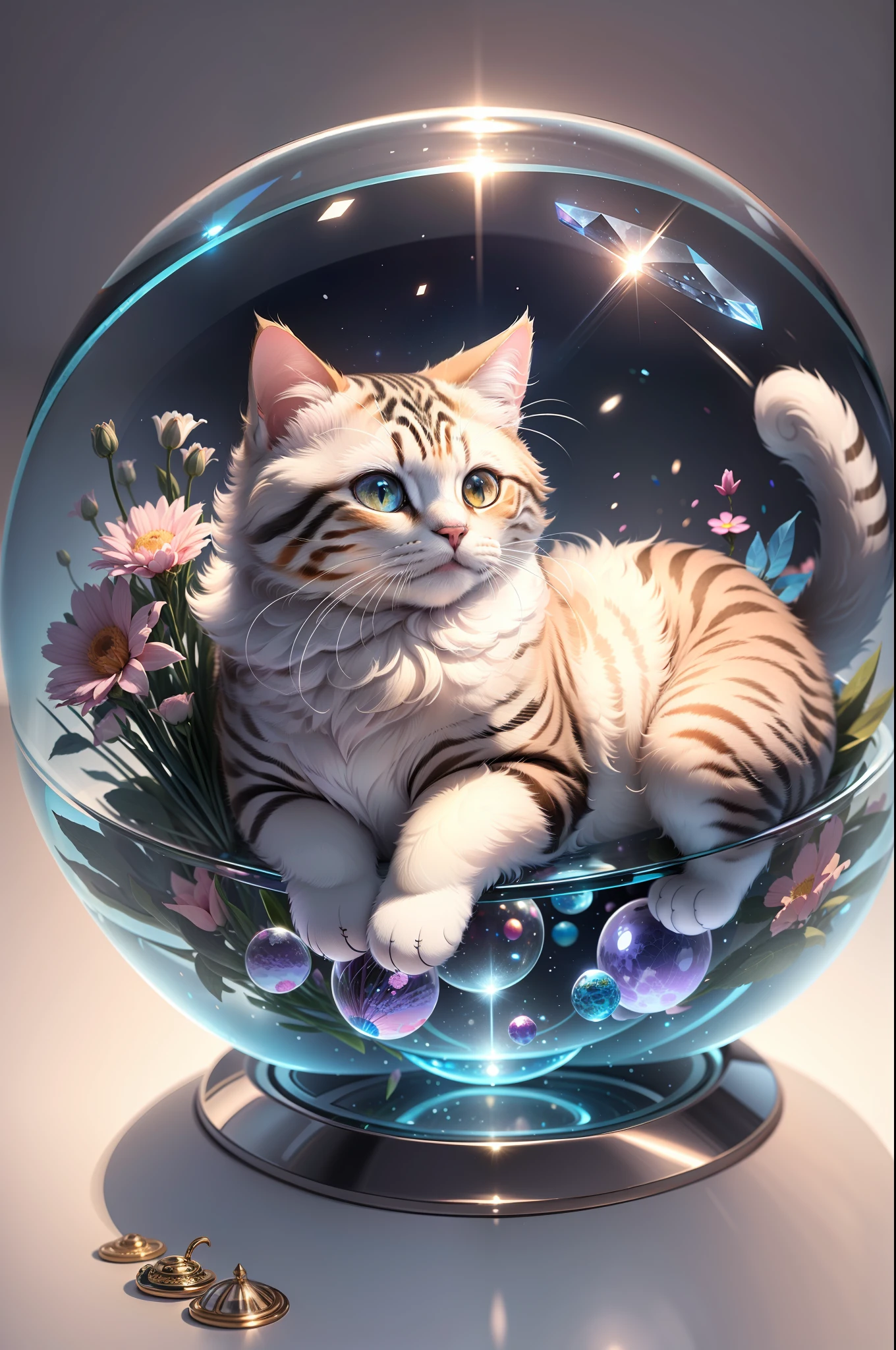 4k, realistic, very detailed, adorable chubby fluffy cat sitting in a crystal sphere, cat placed inside a sphere, beautiful flowers, magic