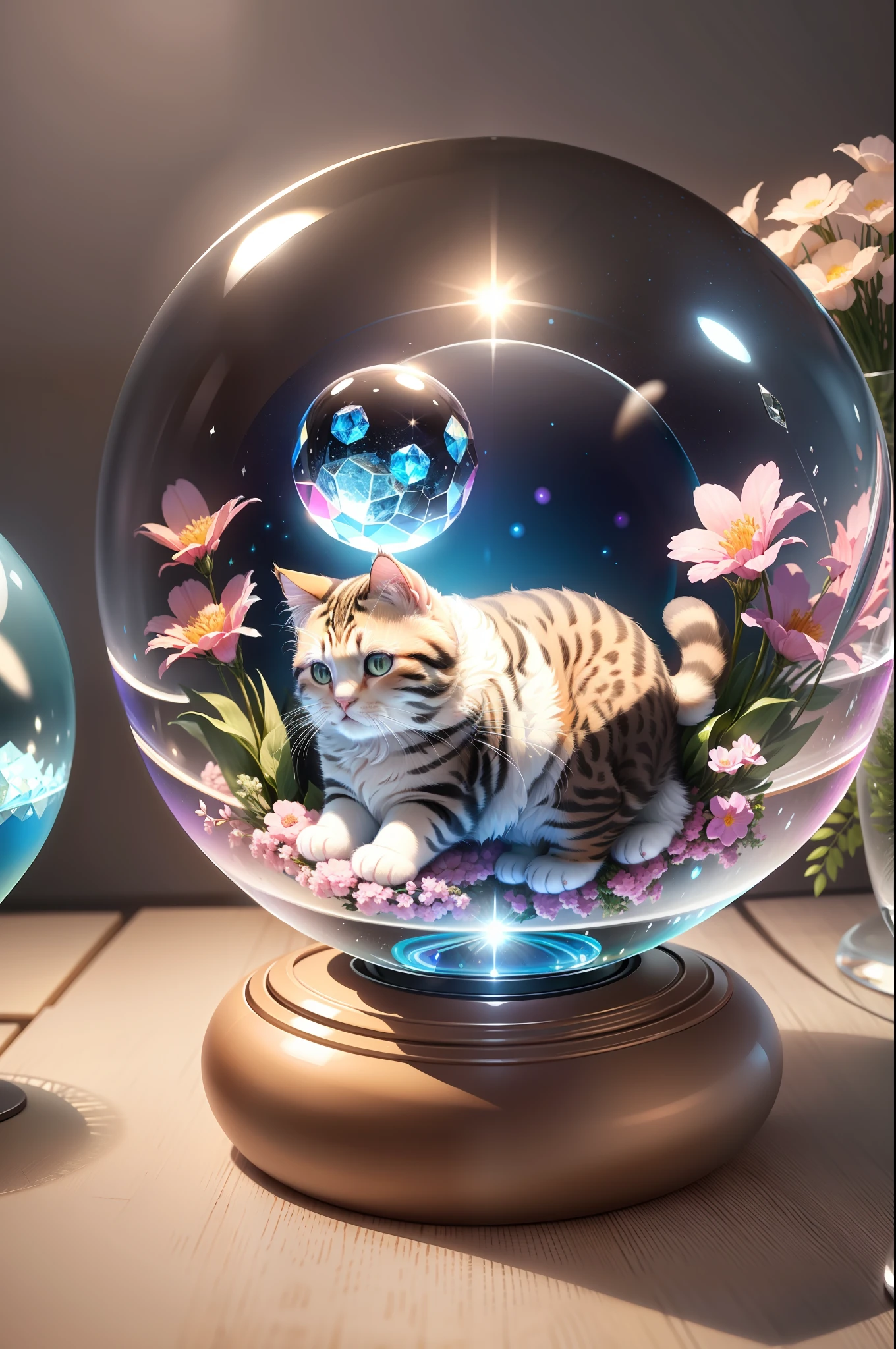 4k, realistic, very detailed, adorable chubby fluffy cat sitting in a crystal sphere, cat placed inside a sphere, beautiful flowers, magic