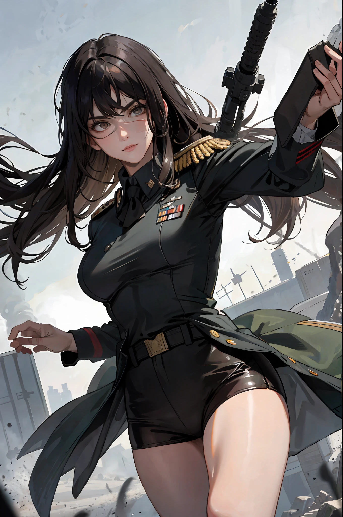 (masterpiece:1.2, best quality), 1lady, Yoru, solo, photorealistic, science fiction film, science fiction, science fiction, war, large thighs, small breasts,realistic, pastel painting, powerful, intelligent, sensual, detailed eyes (intimidating look, Brown eyes) well detailed, long black hair, best CG, (wearing German 2 world war general uniform), military social pants, area strength, army grandeur, medals,  insignia, war emblems