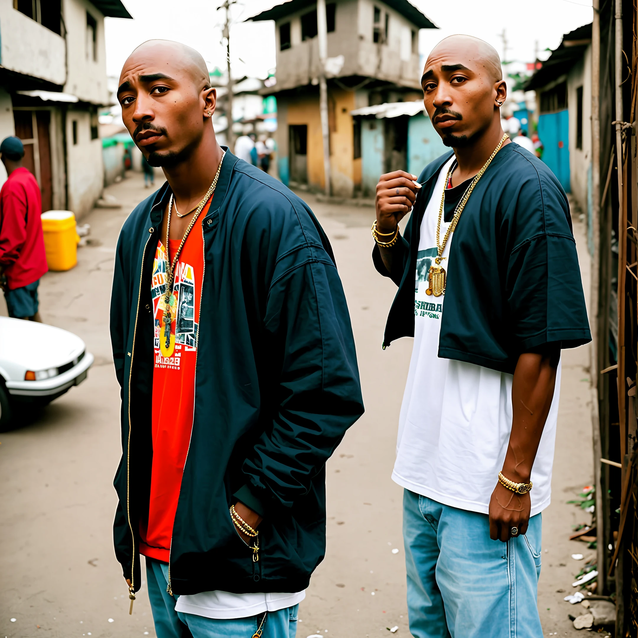 Candid photography, tupac shakur 40 year old rapper, bald, favela do brasil, baggy clothes, award-winning, sharp strokes, Canon D60, 50mm