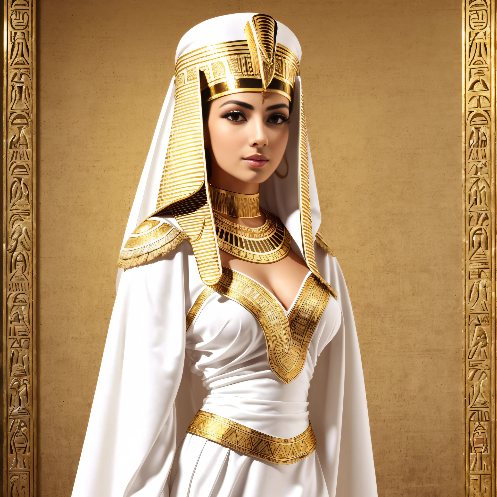 a woman in a white egyptian costume with gold trims, egyptian clothes, egyptian clothing, ancient white dress, high quality costume, pharaoh clothes, egyptian princess, egyptian, white and gold priestess robes, white robe with gold accents, elegant ancient greek dress, egyptian style, golden-white robes, high quality theatre costume, beautiful cleopatra, authentic costume --auto --s2