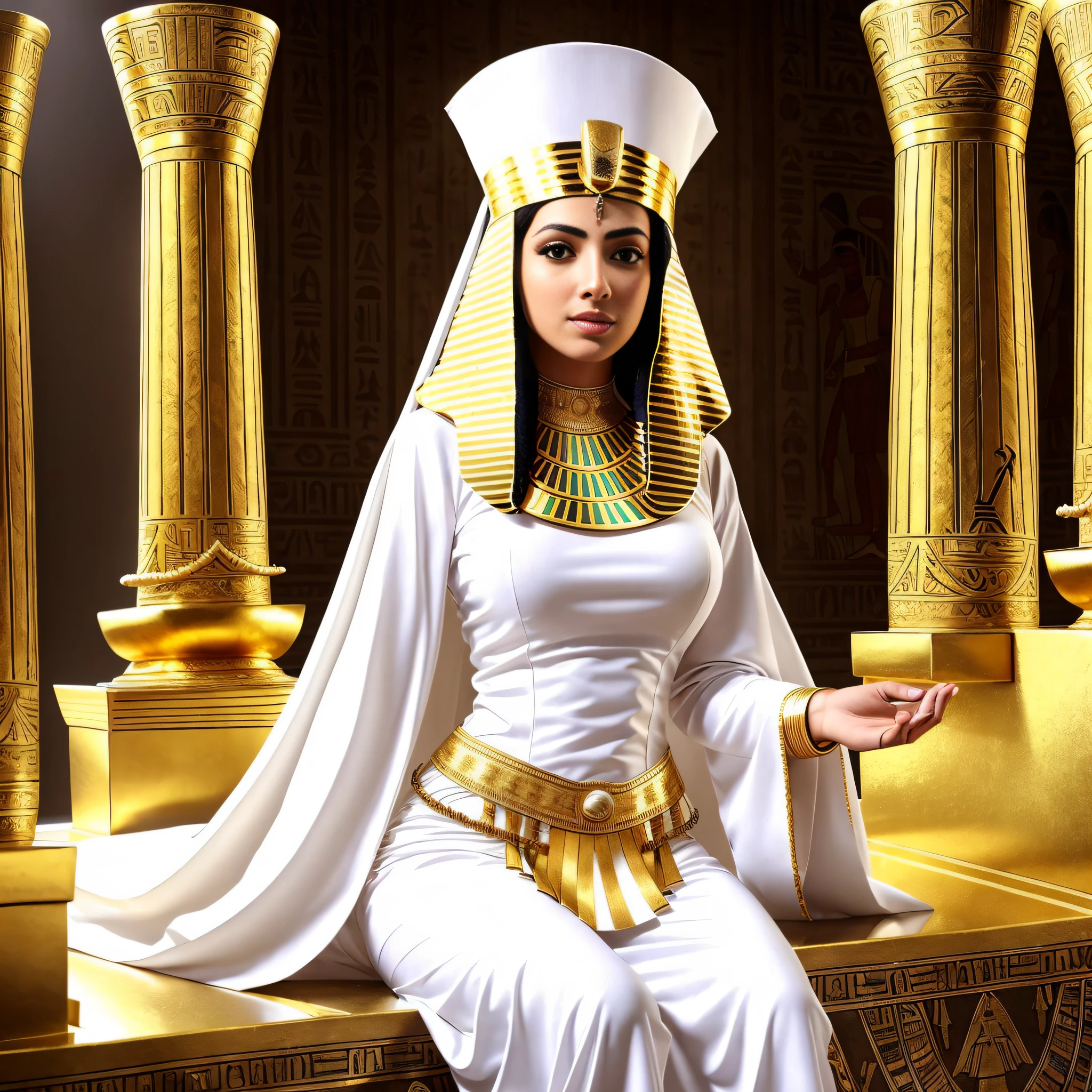 a woman in a white egyptian costume with gold trims, egyptian clothes, egyptian clothing, ancient white dress, high quality costume, pharaoh clothes, egyptian princess, egyptian, white and gold priestess robes, white robe with gold accents, elegant ancient greek dress, egyptian style, golden-white robes, high quality theatre costume, beautiful cleopatra, authentic costume --auto --s2