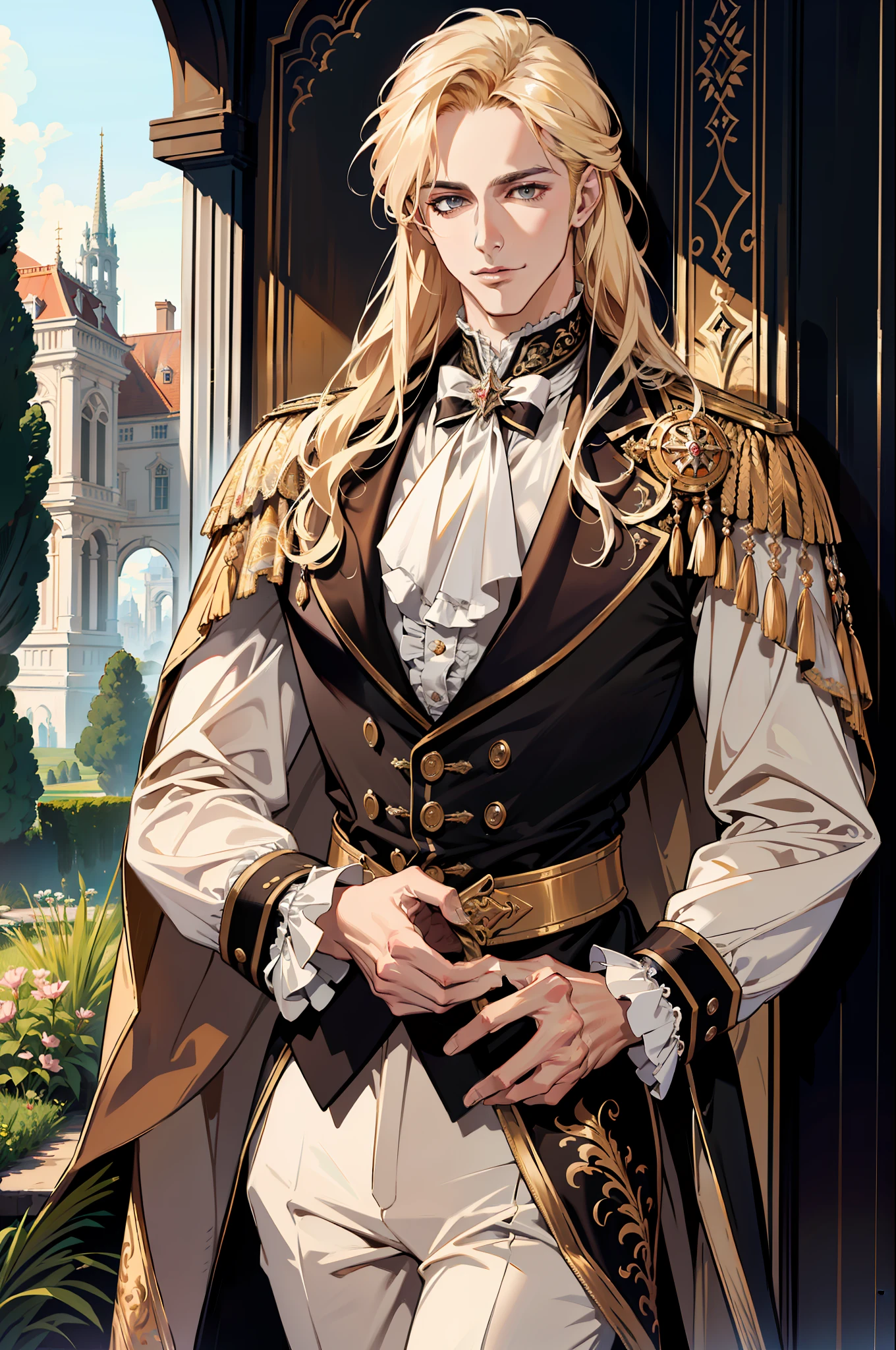 (absurdres, highres, ultra detailed), 1 male, adult, handsome, tall muscular guy, broad shoulders, finely detailed eyes and detailed face, long blond hair, large 18th-century baroque mansion, garden, nobleman, aristocratic, elegant, neat, graceful, sunset, scenery, smile