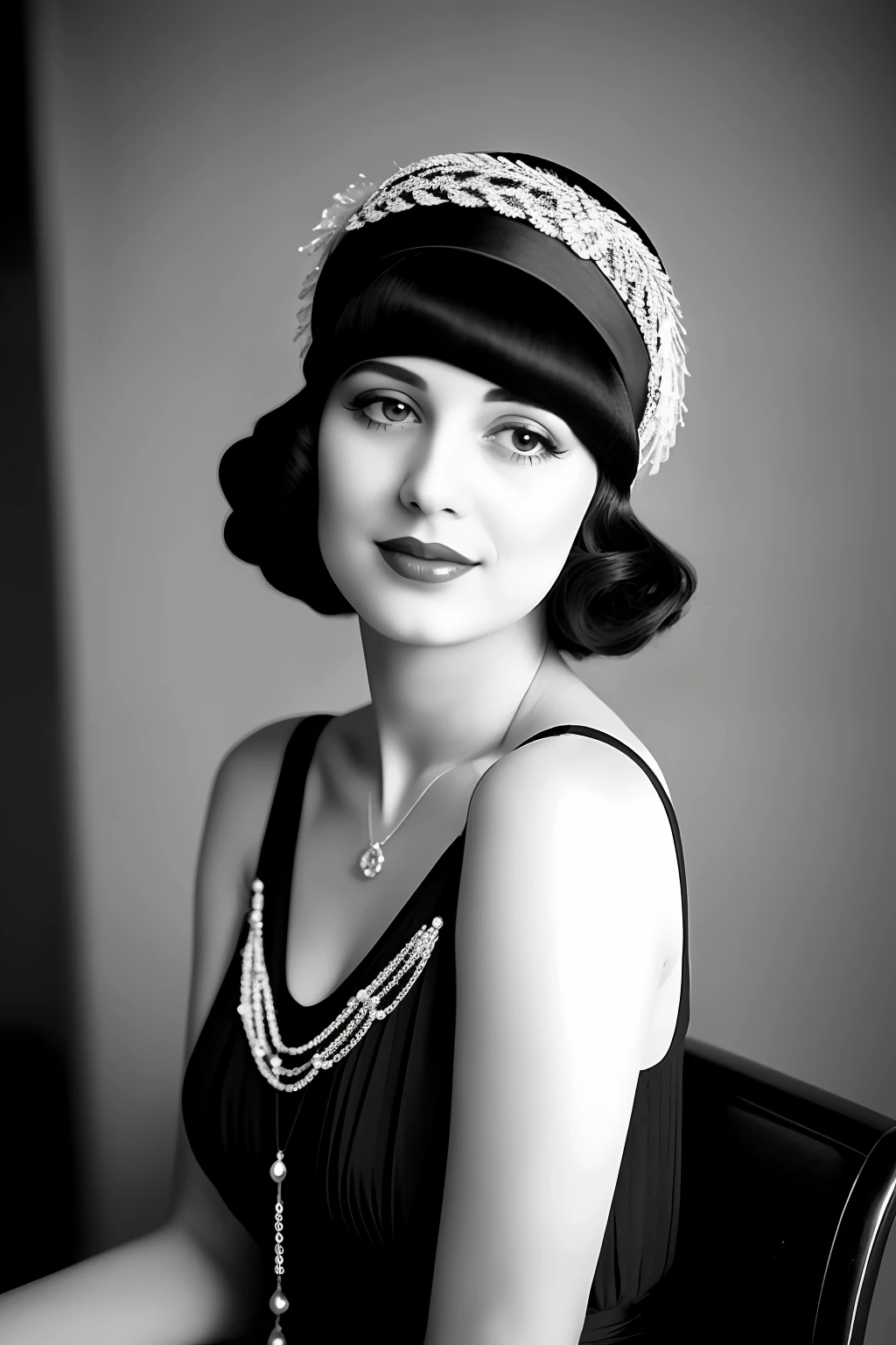 Depict a scene of 1920s glamor and liveliness with a black and white photograph. Capture the image of a woman with straight black hair, light brown eyes, who exudes elegance and charm. She is a stunning flapper dress, with fringes that sway happily around her. An ornate cloche hat adorns her head, framing her delicate face. The woman is seated in a worn wooden chair, elegantly positioned around a table in a lively 1920s bar. of jazz and lively laughter. The photography is a captivating portrait of an iconic era, conveying a relaxed and sophisticated aura of the Roaring Twenties party period. 8k ultra HD Vivid colors masterpiece ultra resolution