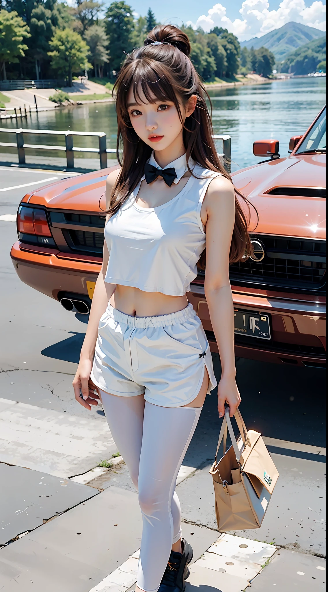A Korean beautiful girl wearing a white vest and leggings and shorts, slender figure, full-body photo, long brown hair, bangs hairstyle bow, melon seed face, big eyes of Shui Lingling, sexy small mouth, slightly upturned lips, medium chest, background seaside park, sexy and charming, standing, super shorts, slim figure, sexy and charming