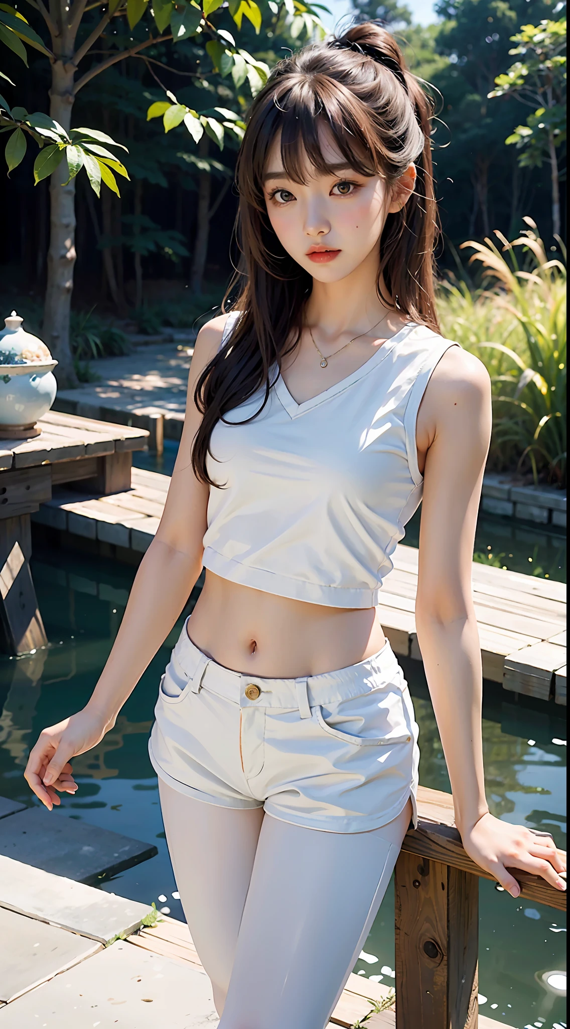 A Korean beautiful girl wearing a white vest and leggings and shorts, slender figure, full-body photo, long brown hair, bangs hairstyle bow, melon seed face, big eyes of Shui Lingling, sexy small mouth, slightly upturned lips, medium chest, background seaside park, sexy and charming, standing, super shorts, slim figure, sexy and charming