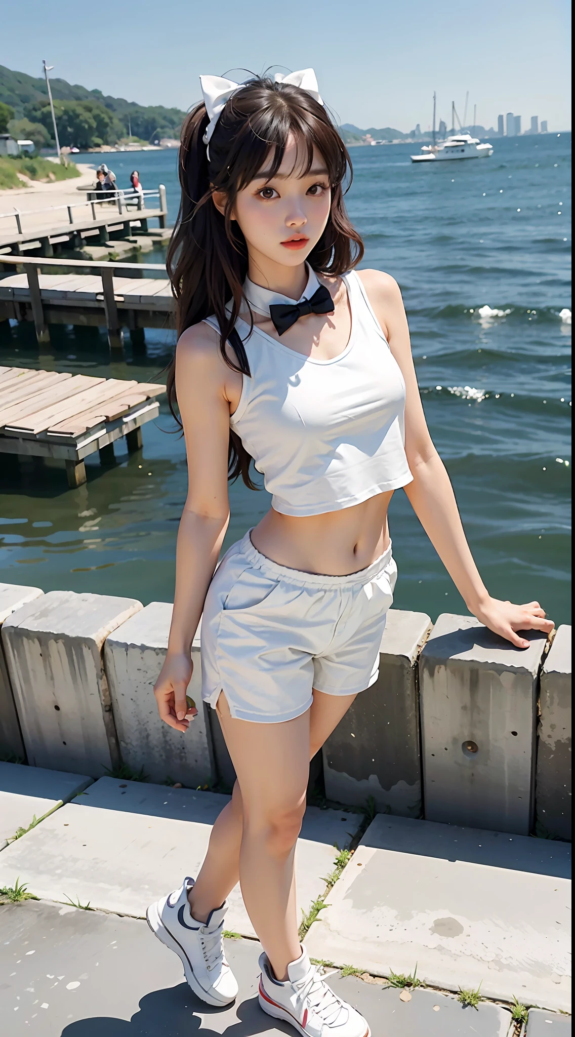 A Korean beautiful girl wearing a white vest and leggings and shorts, slender figure, full-body photo, long brown hair, bangs hairstyle bow, melon seed face, big eyes of Shui Lingling, sexy small mouth, slightly upturned lips, medium chest, background seaside park, sexy and charming, standing, super shorts, slim figure, sexy and charming