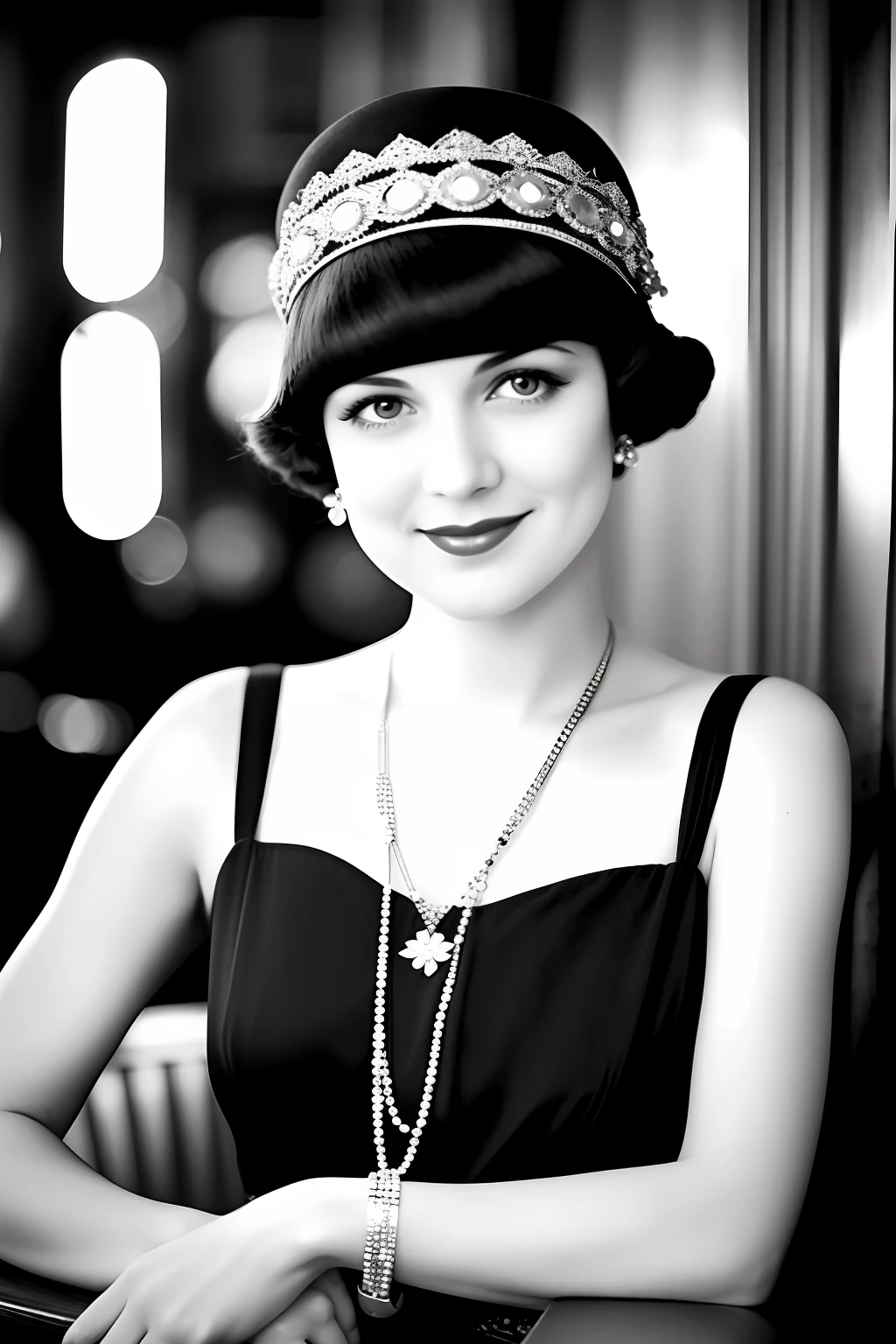 Depict a scene of 1920s glamor and liveliness with a black and white photograph. Capture the image of a woman with straight black hair, light brown eyes, who exudes elegance and charm. She is a stunning flapper dress, with fringes that sway happily around her. An ornate cloche hat adorns her head, framing her delicate face. The woman is seated in a worn wooden chair, elegantly positioned around a table in a lively 1920s bar. of jazz and lively laughter. The photography is a captivating portrait of an iconic era, conveying a relaxed and sophisticated aura of the Roaring Twenties party period. 8k ultra HD Vivid colors masterpiece ultra resolution