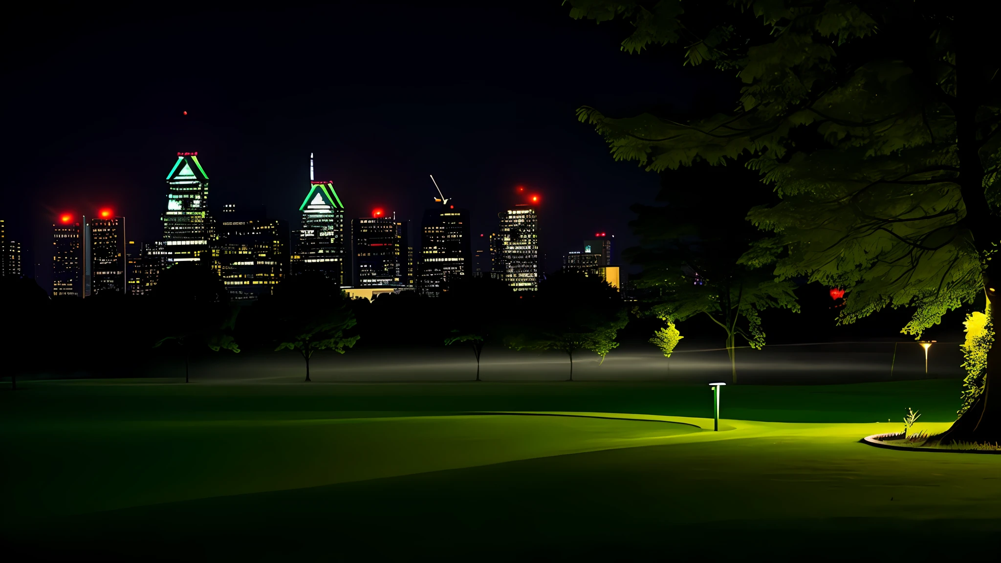 At night, the misty green grass is preceded by a city of high-rise buildings
