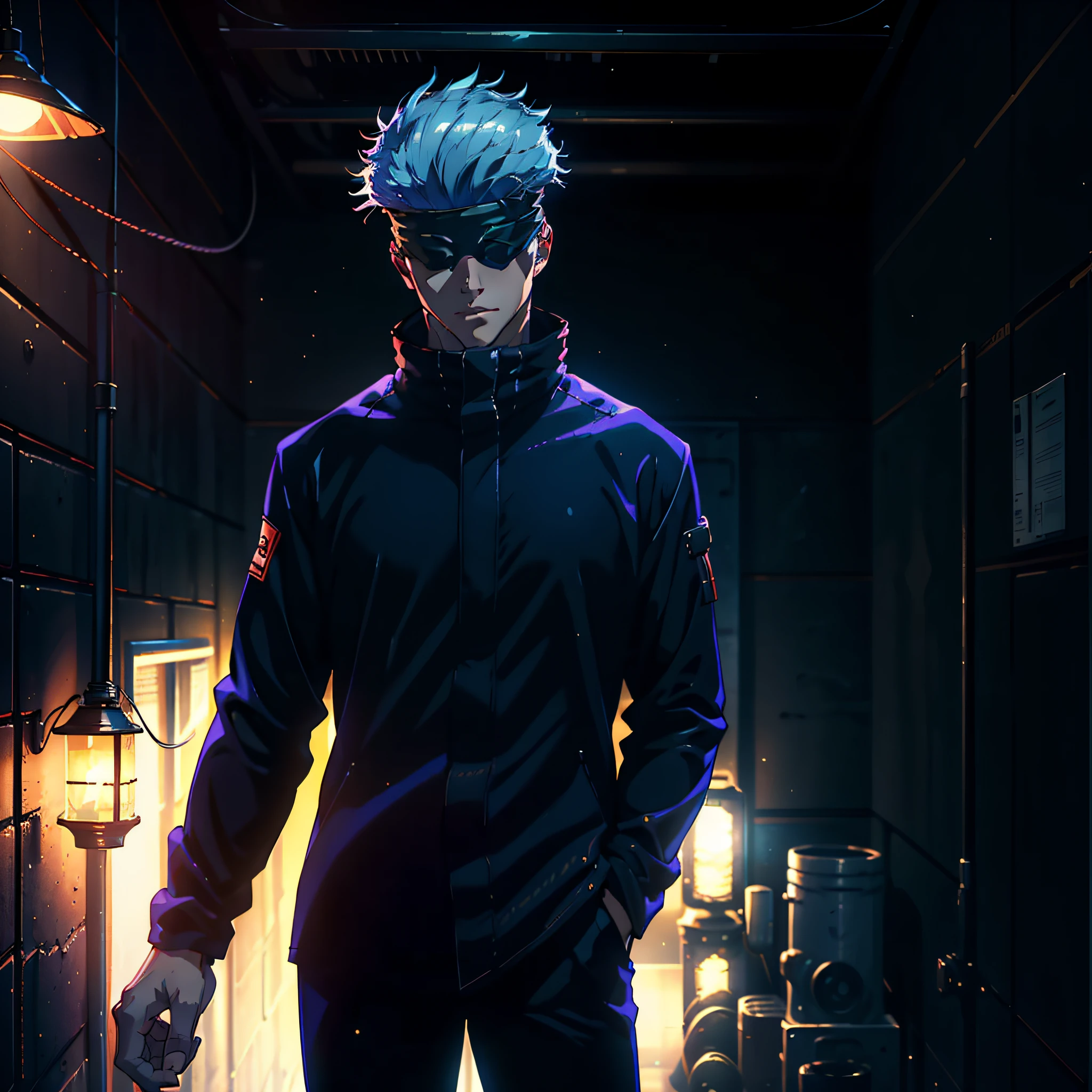 masterpiece, (photorealistic: 1.4), best quality, beautiful lighting, cowboy shot, solo, male focus, a man, slim, gojo satoru, smile, hands in pockets, blindfold, black jacket, looking at viewer, natural light, RAW photo, 8k uhd, film grain, cyberpunk cybernetic guardian