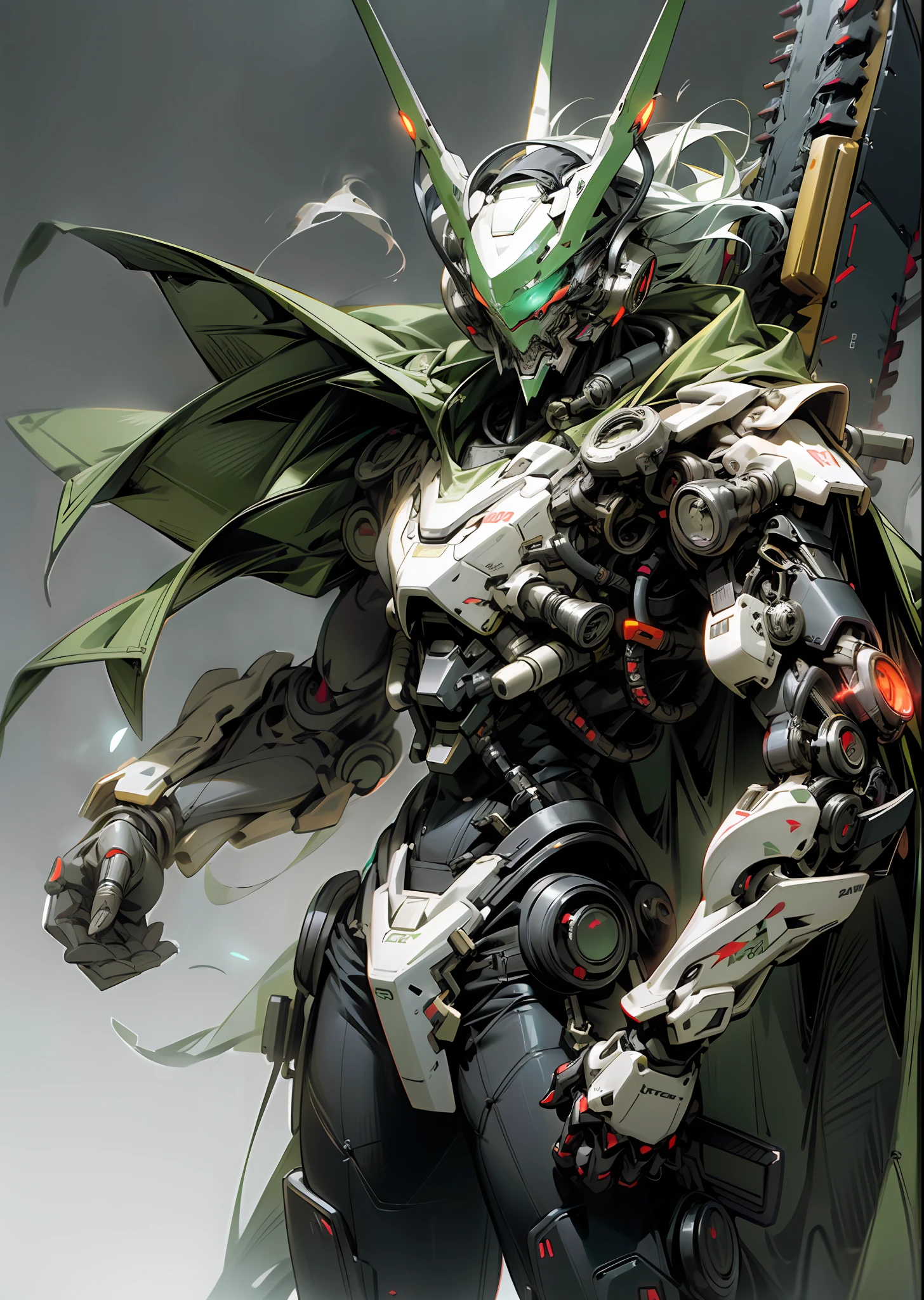 Dark_Fantasy, cyberpunk, (chainsaw, chain saw man, red: 1.1), 1man, mechanical wonder, robotic presence, cybernetic guardian, green color, fluttering BIOLUMINESCENT BLUE cape, helmet, : 1.1), 1man, mechanical wonder, robotic presence, cybernetic guardian, booster, hyper realistic,IN THE MIDST OF SMOKE ON THE BATTLEFIELD, high contrast, 8k rendering, masterpiece, ptofissional photography, expressive pose