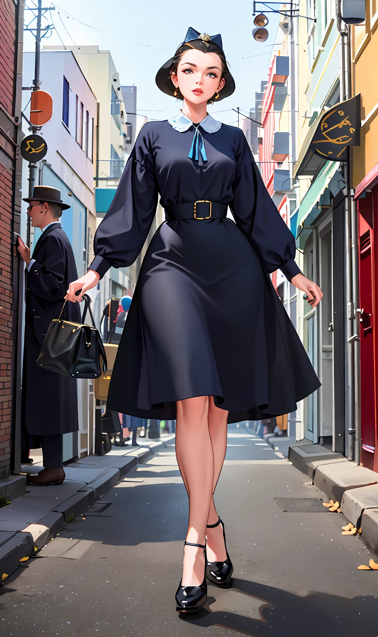 A very beautiful full-body woman from the 1950s, walking diagonally down, full body, towards the camera. She doesn't wear a hat on her head. Actual photos. The background is the city of the 1950s. Clothing is for travel.