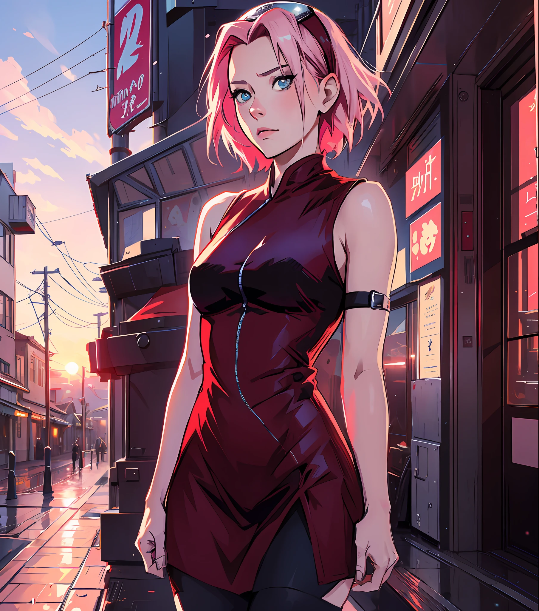 Sakura haruno, ((forehead the show)), solo, skinny,((beautiful)) charming, contemplating the sunset, attractive, wearing a red dress, pink hair, delicate, young, SHORT hair, detailed face, austere image, ((full body)), looking at the viewer, bandana on the head, trend in art by rhads, andreas rocha, rossdraws, makoto shinkai, laurie greasley, lois van baarle, ilya kuvshinov and greg rutkowski