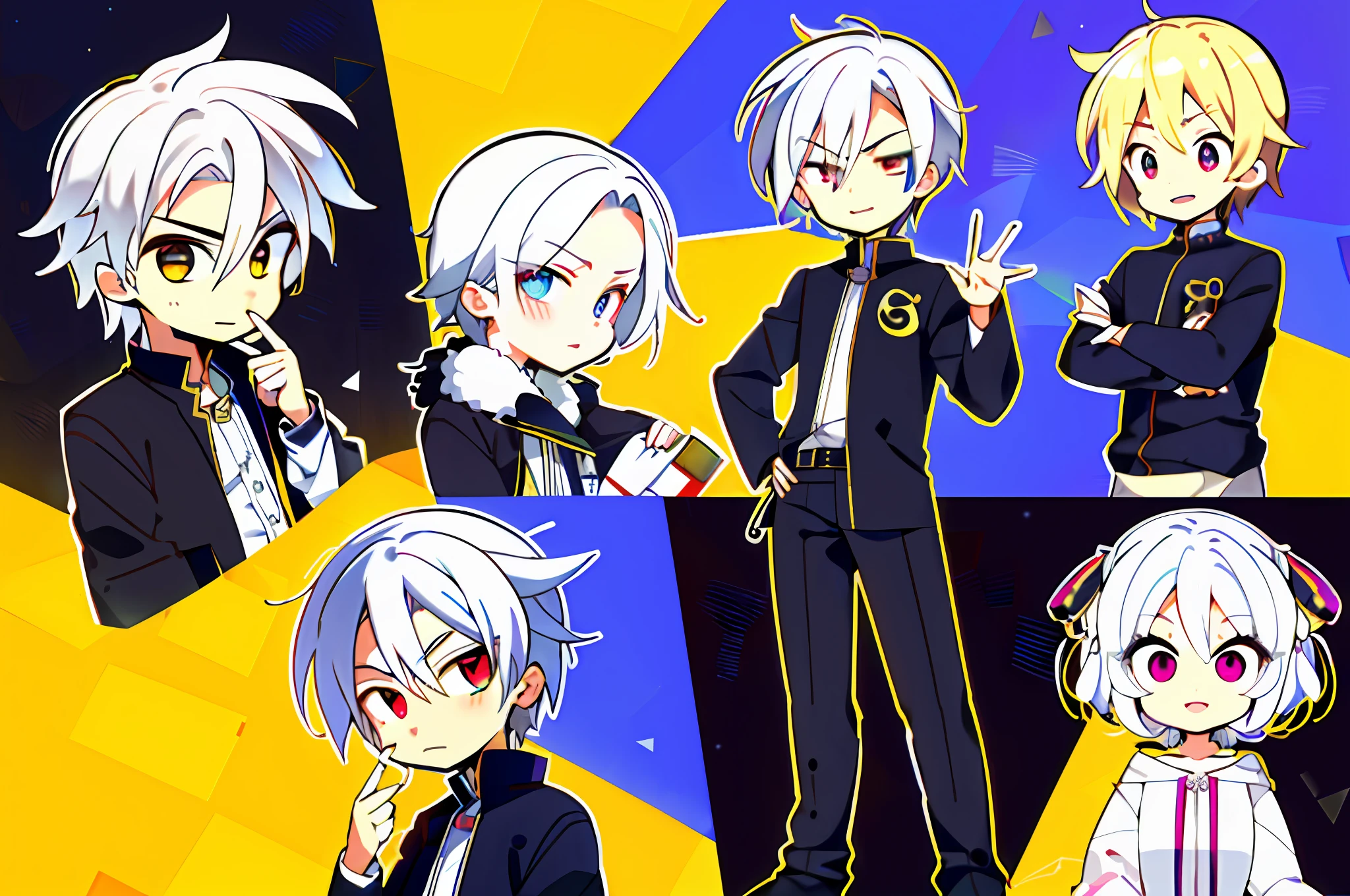 cute boy with golden eyes and white hair, pack of emojis, 9 emoticons, emoji sheet, multiple poses and expressions, anthropomorphic style, Disney style, black strokes, different emotions, multiple poses and expressions, 8k --niji 5