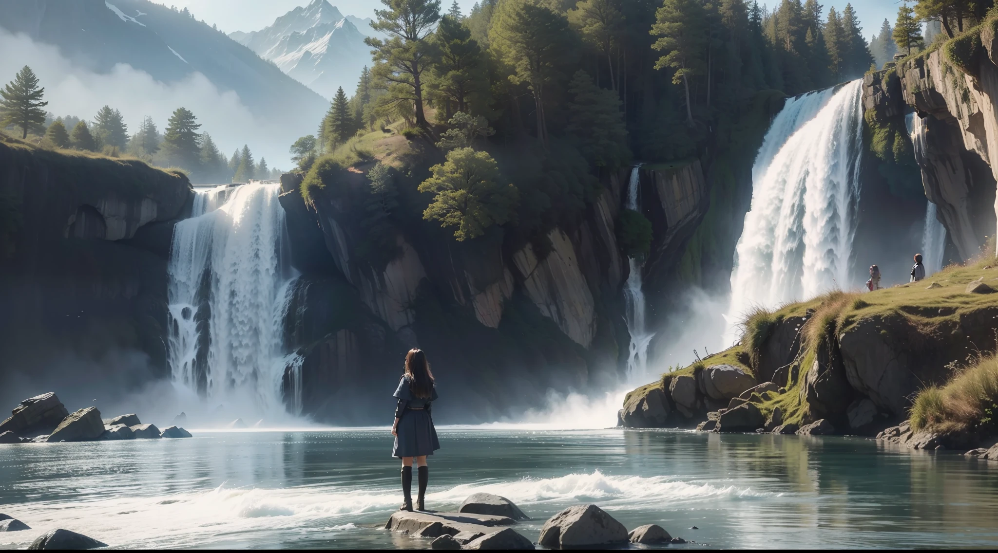 8k mini world realistic CG wallpaper, nature and city, houses built inside the mountais, waterfall, bridges, insane, extreme detail, 12k, ultra hd, hyperrealism, god rays , hyperrealistic , cinematic, highly detailed , depth of field, Ultra realistic surroundings , real shadows, girl, cozy, intense colors