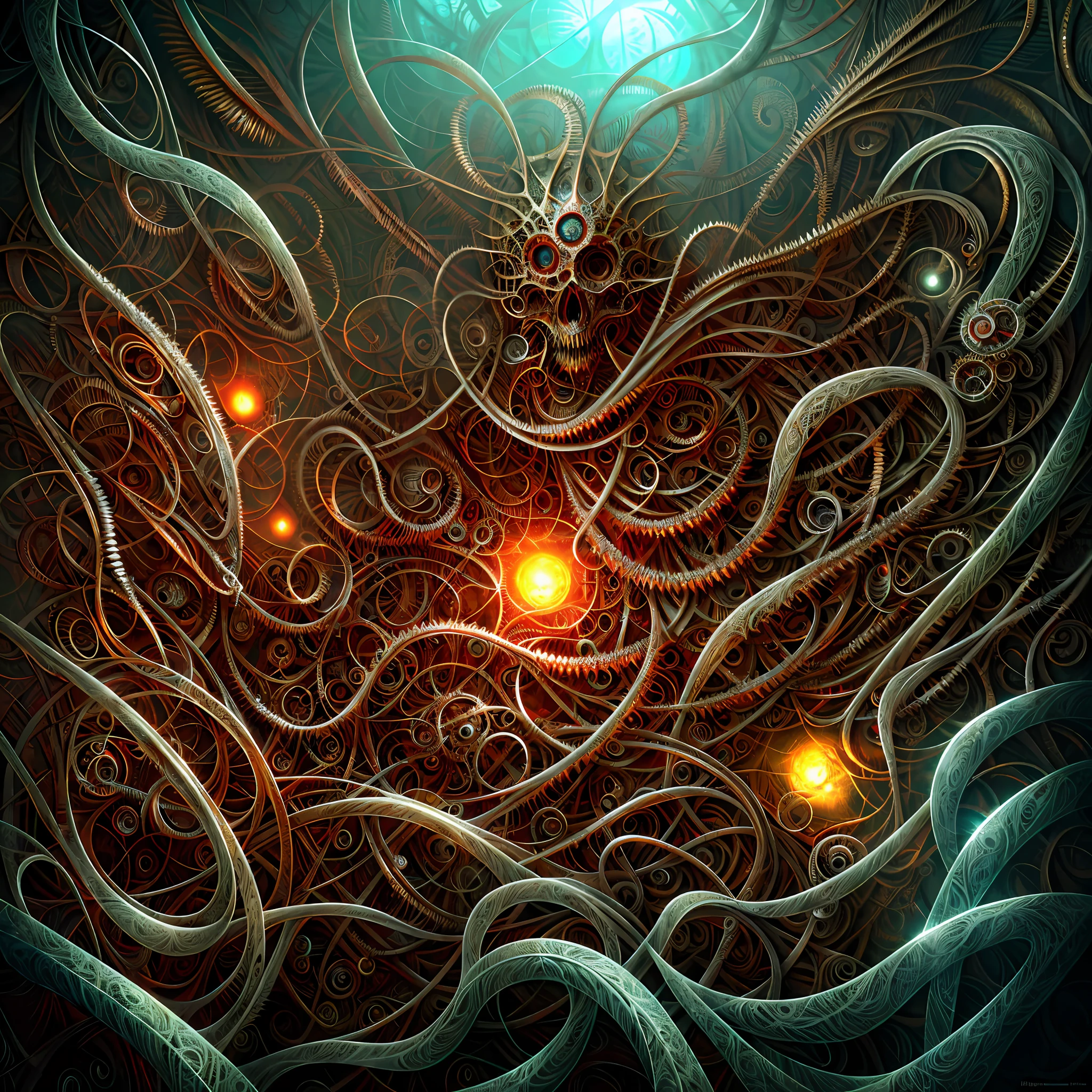 Biomechanical scenario of inner madness, horror art, obscure way, hyperdetailed painting, color drawing, highly detailed, intricated details, perfect illustration, masterpiece