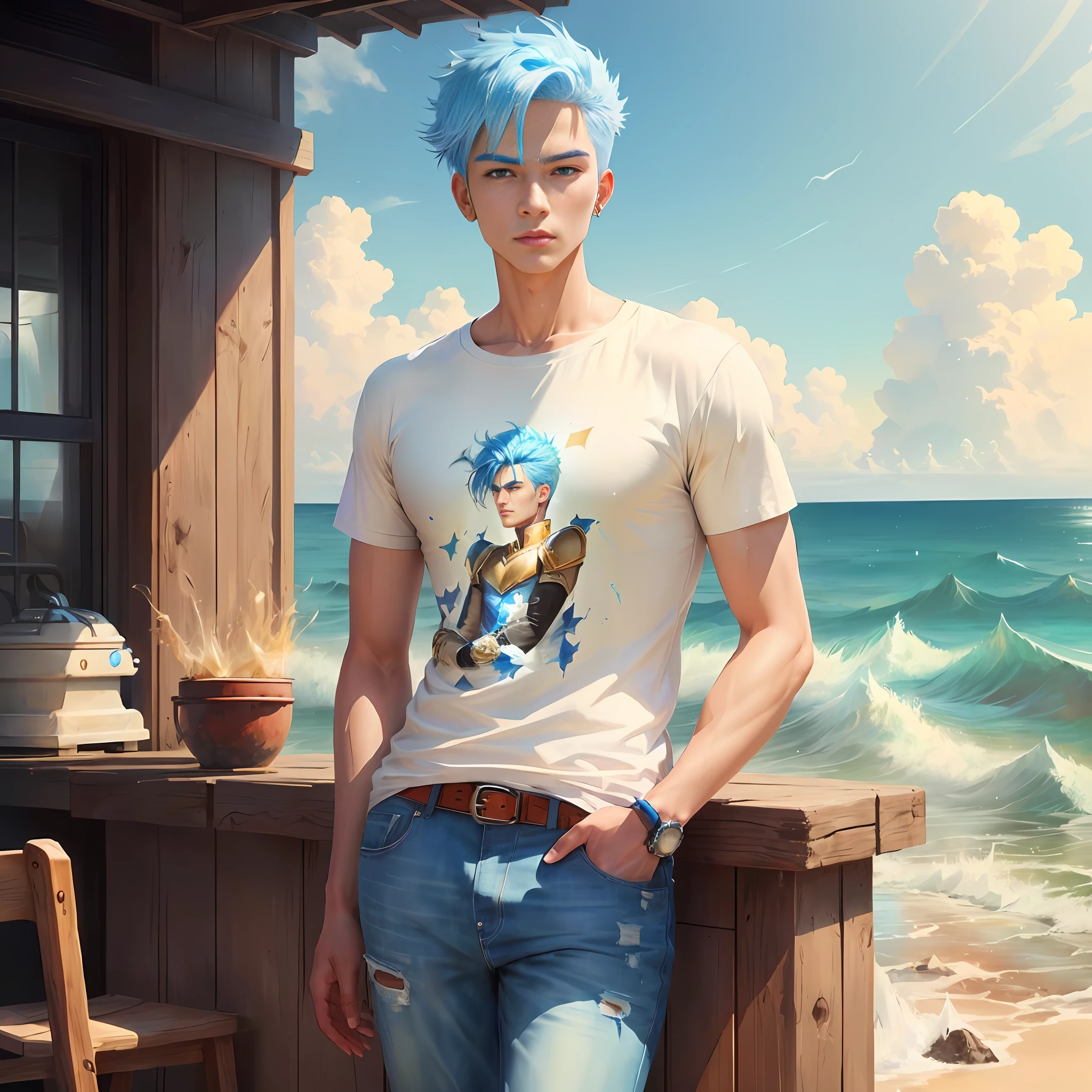 Realistic male character, blue hair, super ice power,