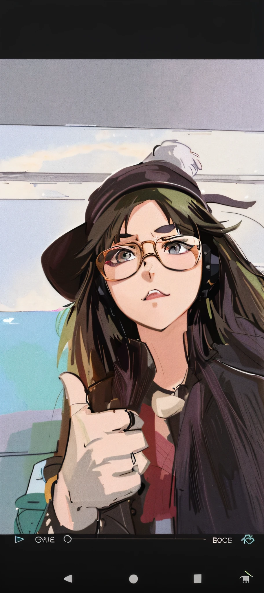 There is a woman with glasses and a hat and garndes earbuds, in Bowater art style, NFT portrait, Guweiz style art, cartoon art style, anime style, digital cartoon art, high quality portrait, lofi portrait, digital art image, in an anime style, anime style portrait, digital cartoon, digital cartoon painting