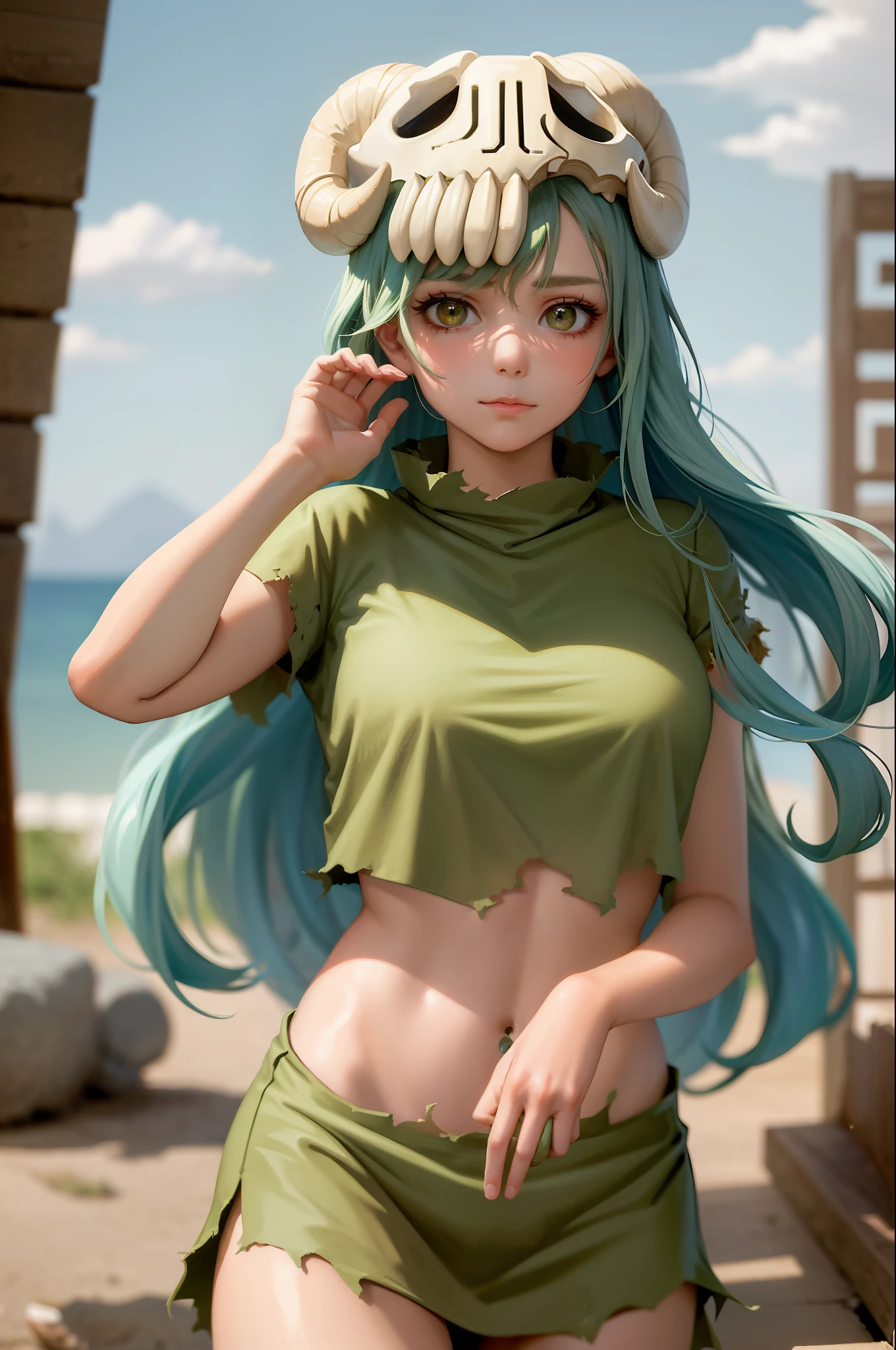 (masterpiece, best quality:1.2), cowboy shot, solo, 1girl, odelschwanck, expressionless, closed mouth, looking at viewer, hand in own hair, green hair, skull, torn clothes, underboob, skirt