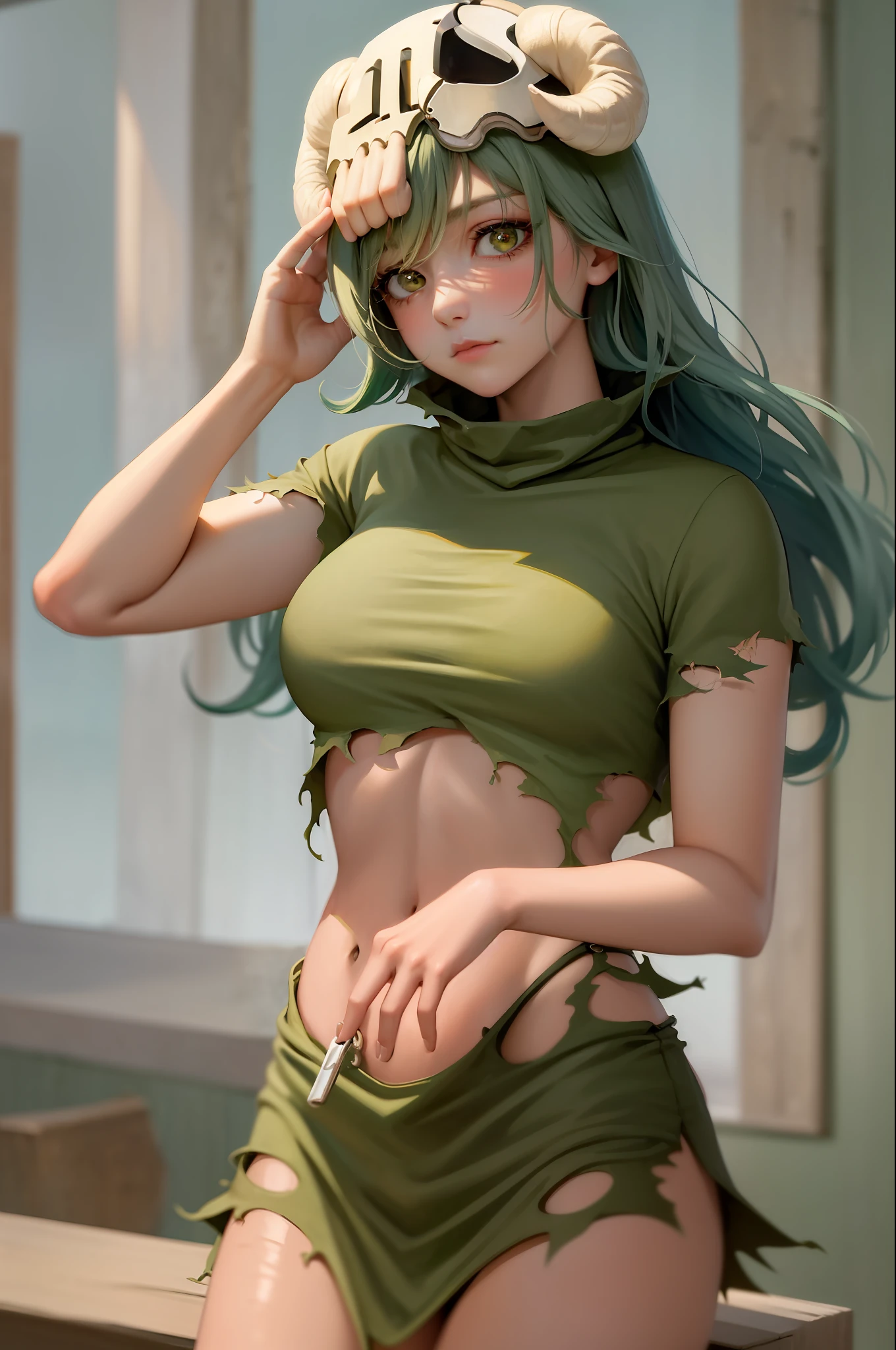 (masterpiece, best quality:1.2), cowboy shot, solo, 1girl, odelschwanck, expressionless, closed mouth, looking at viewer, hand in own hair, green hair, skull, torn clothes, underboob, skirt
