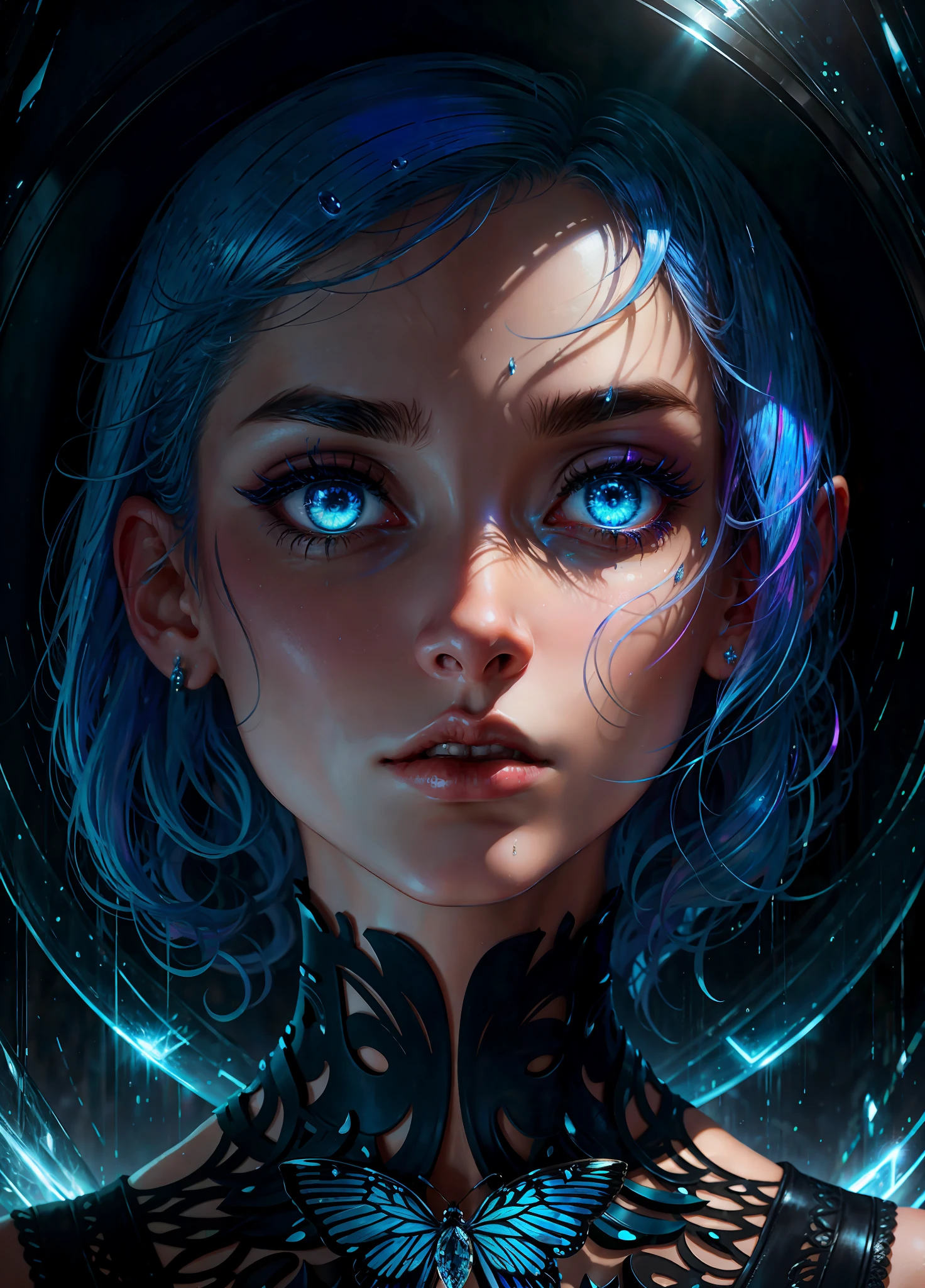 illustration, cinematic light, highres, highest quality, ultra detailed, detailed face, (detailed eyes), best quality, hyper detailed, masterpiece, (detailed face), clean face, mature woman wears dress made of ice (blue, bright white),see through, choker, open cloths, nsfw, high heels, blue eyes, neon tiny tips of platinum bright hair, dark fantasy forest, bright plants with neon details,  Dark magic, (portal:1.15) to the underworld in the background, reflection of light, heart-shaped iris, playful eyes, open shoulder, rain, (wet body), small shiny butterfly, Jewish hair