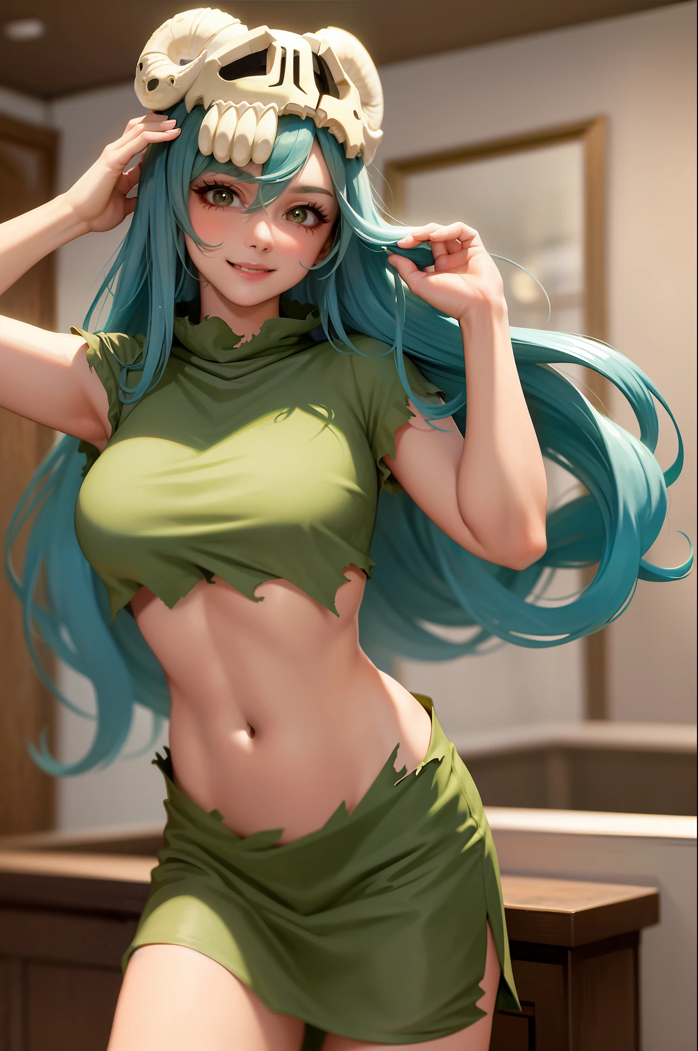 (masterpiece, best quality: 1.2), cowboy shot, solo, 1girl, odelschwanck, sensual expression, smiling mischievously, looking at the viewer, hand in one's own hair, green hair, skull, torn clothes, chest, skirt