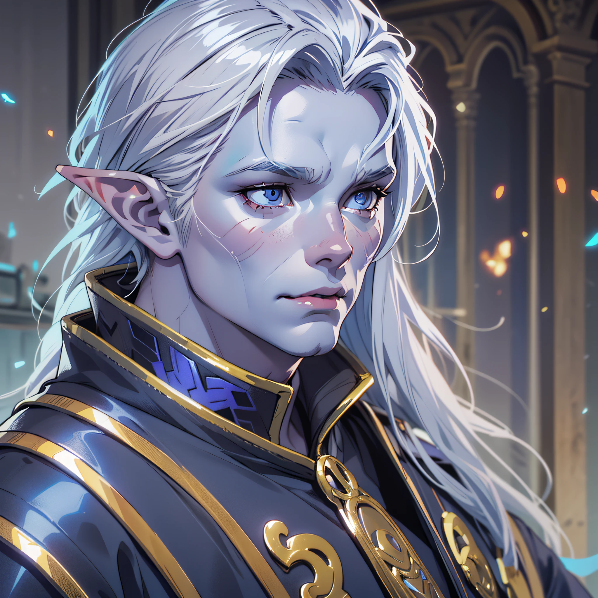 Portrait Rpg, close-up, Vector art, Race: Elf Gender: Male Age: 60 years Eyes: Blue Skin color: Light pink skin with warm shades Physique: normal complexion. Facial features: Skin with wrinkles. Expression: Rajada look. Hairstyle: Gray gray hair Equipment: Magician clothes Background: library