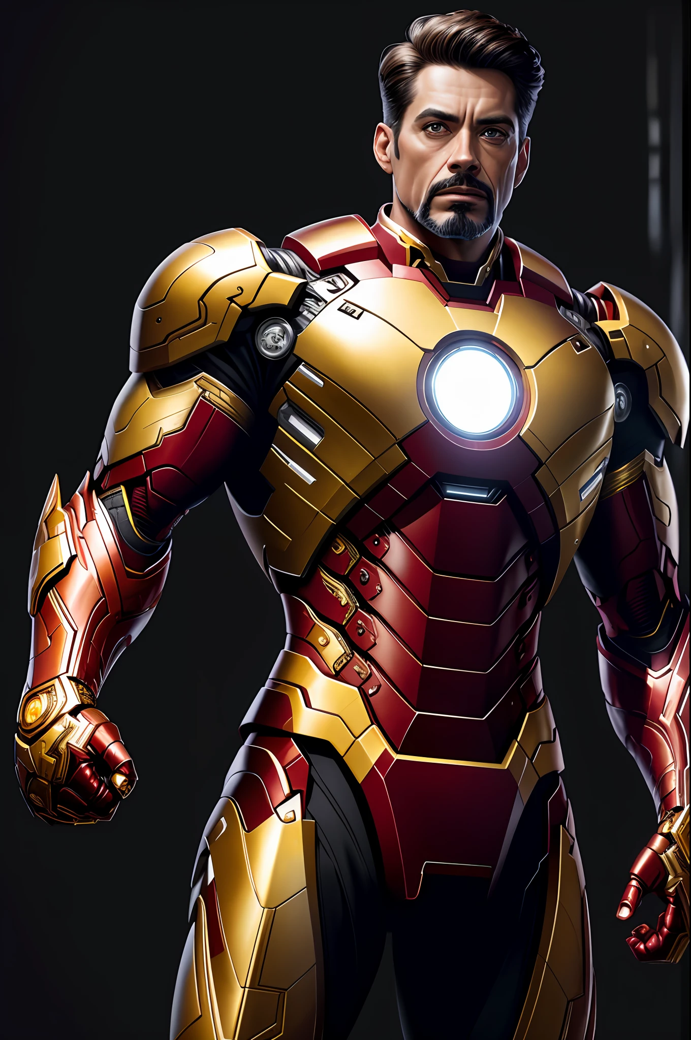 (8k, RAW photo, best quality, masterpiece: 1.2), ultra detailed, authorial art, photo-realistic: 1.37, upper body shot, ((original black and gold uniform: 1.2)), model, marvel iron man, film grain, action pose, a perfect face, 40 years, intricate details, diffused light, by Marvel