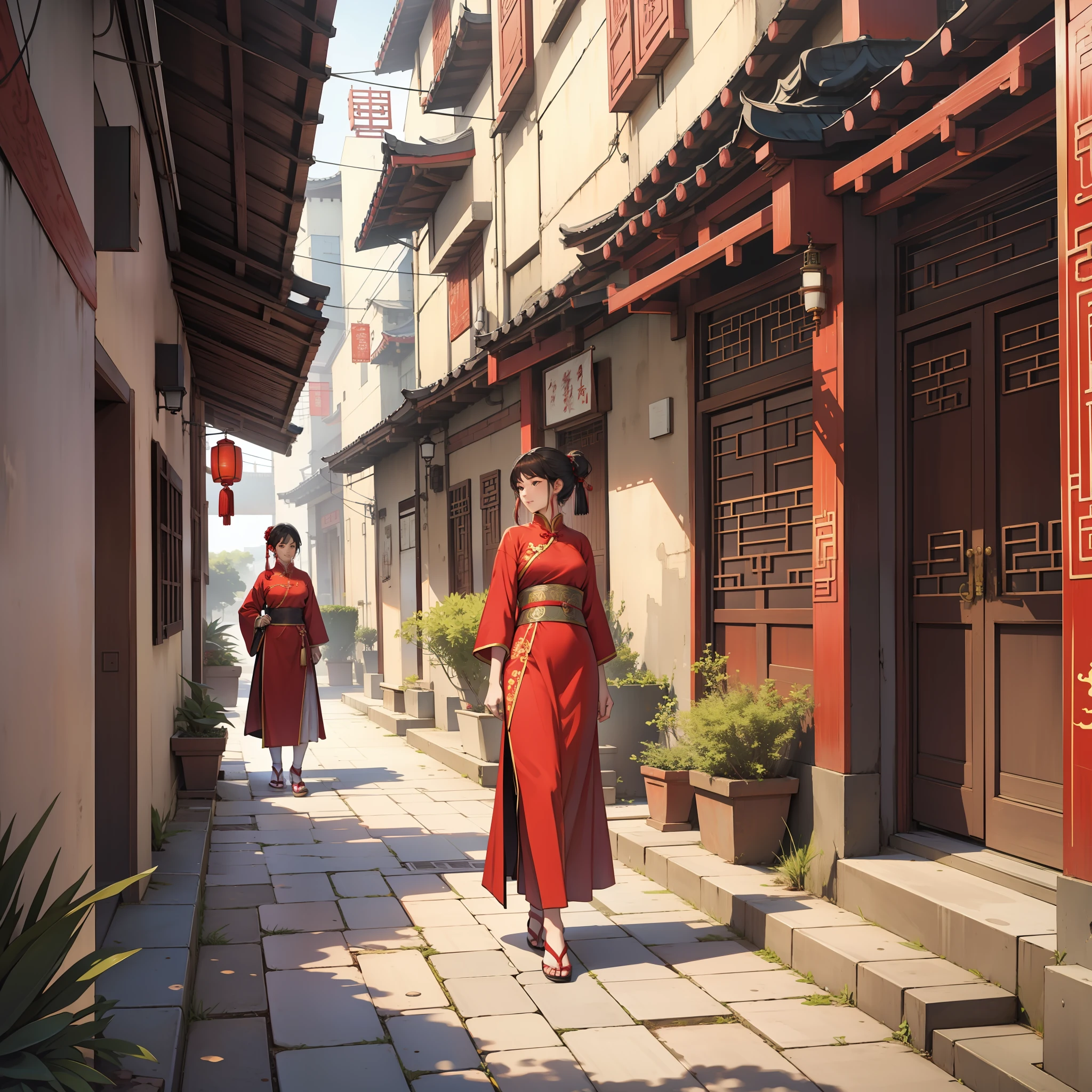 In a Chinese-style building, a woman in red stands in the courtyard