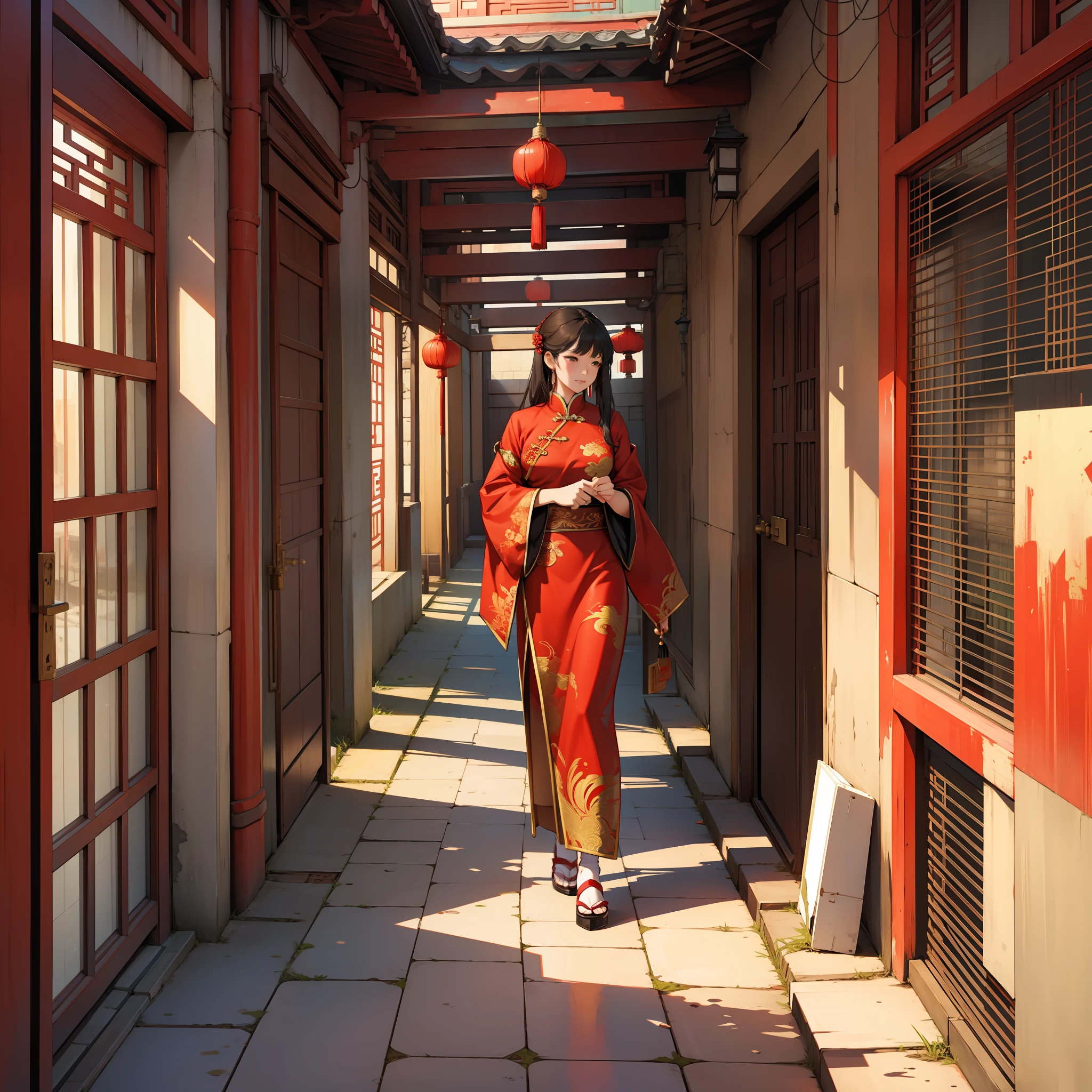 In a Chinese-style building, a woman in red stands in the courtyard