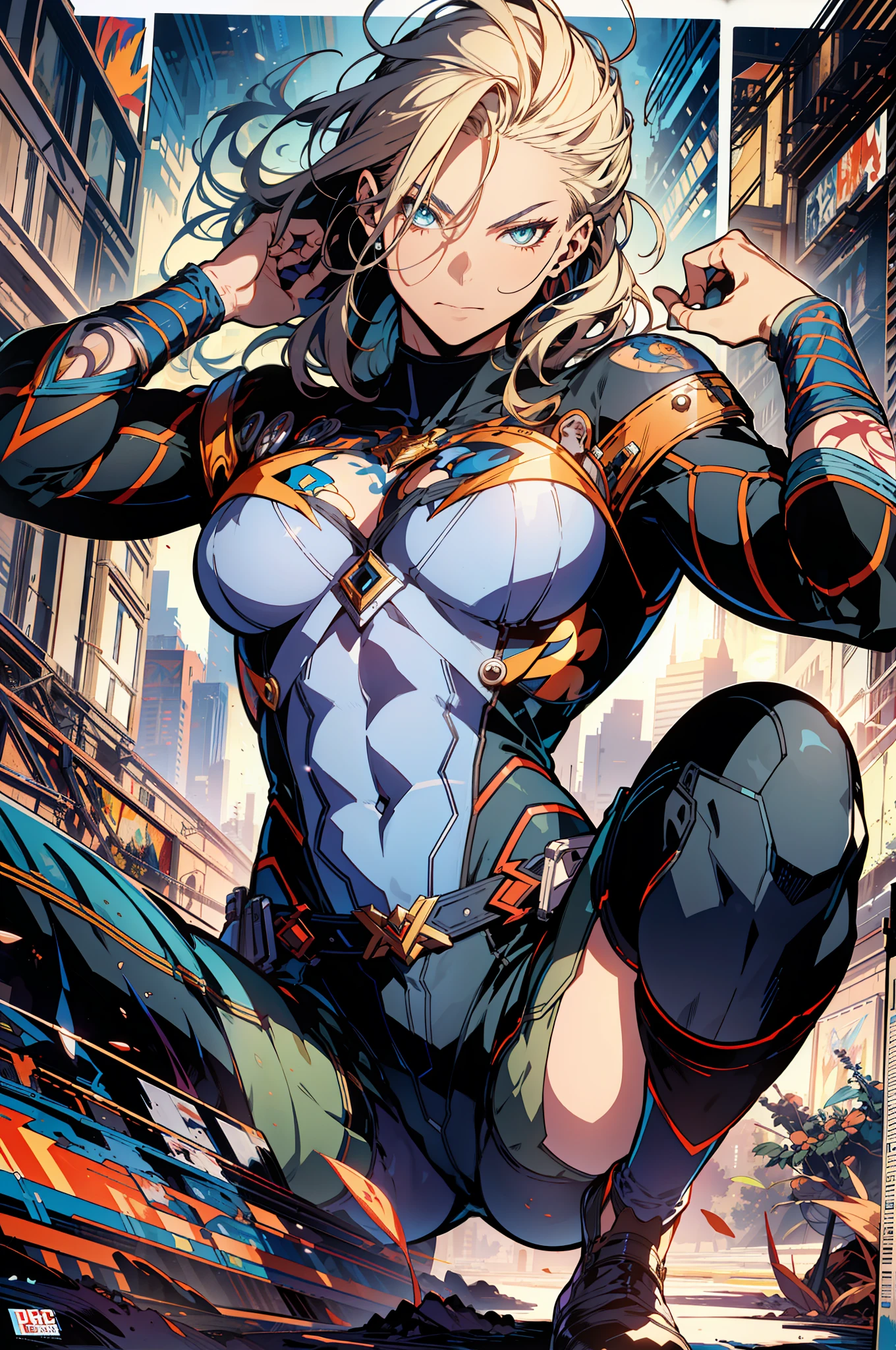::Based on DC Comix's Warworld illustration by Marc Silvestri:: Super Powerful Man Hero with futuristic costume, Super detailed circular metals Clinging to the arms and pants, various fighting poses(beautiful and clear background:1.2),, fantastic paintings, graffiti style, highly detailed eyes, a white t-shirt or tatoon stamp, blonde hair, masterpiece, best quality, high quality, highres, detail highlighting, ((most beautiful image in the world)), masterpiece, best quality, high quality, highres, detail enhancement, ((most beautiful image)), with short shiny black hair, T-shirt, wearing jeans, five legs, , emphasizing the integrity of the human body, emphasis on the correct 5 fingers on each hand and the correct shadow, , bright image, art by Stanley Artgerm Lau, art by kenneth rocafort, art by genzoman, art by joe madureira, art by blushyspicy, art by stjepan sejic, art by j scott campbell, art by guillem march, art by citemer liu, 4k, high resolution, comic book, comic book character, comics, high quality detailed, style ::2.0 comix illustration style, tatoon style, ultra detailed model man, (beautiful and clear background: 1.2),, fantastic paintings, graffiti style, highly detailed eyes, a white t-shirt or tatoon stamp, blonde hair, masterpiece, best quality, high quality, highres, detail enhancement, ((most beautiful image in the world)), emphasizing the integrity of the human body, emphasis on the correct 5 fingers on each hand and the correct shadow, , Bright image, Art by Stanley Artgerm Lau, Art of Kenneth Rocafort, Art of Genzoman, Art of Joe Madureira, Art of Blushyspicy, Art of Stjepan Sejic, Art of J Scott Campbell, Art of Guillem March, Art of Citemer Liu, 4K, High Resolution, Comics, Comic Character, Comics, High Quality, High-Quality, Highres, D