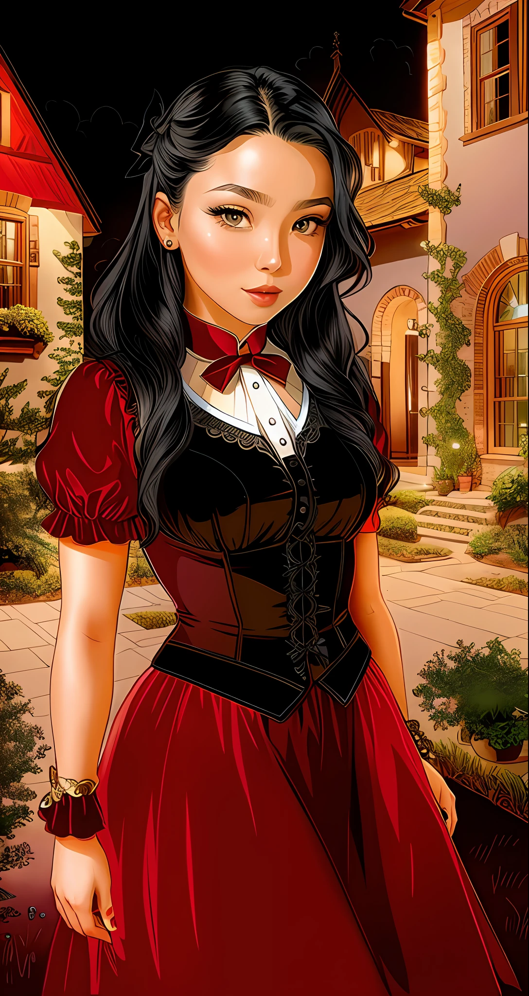 A WOMAN BLACK HAIR,FAIR SKIN,WINE VEST