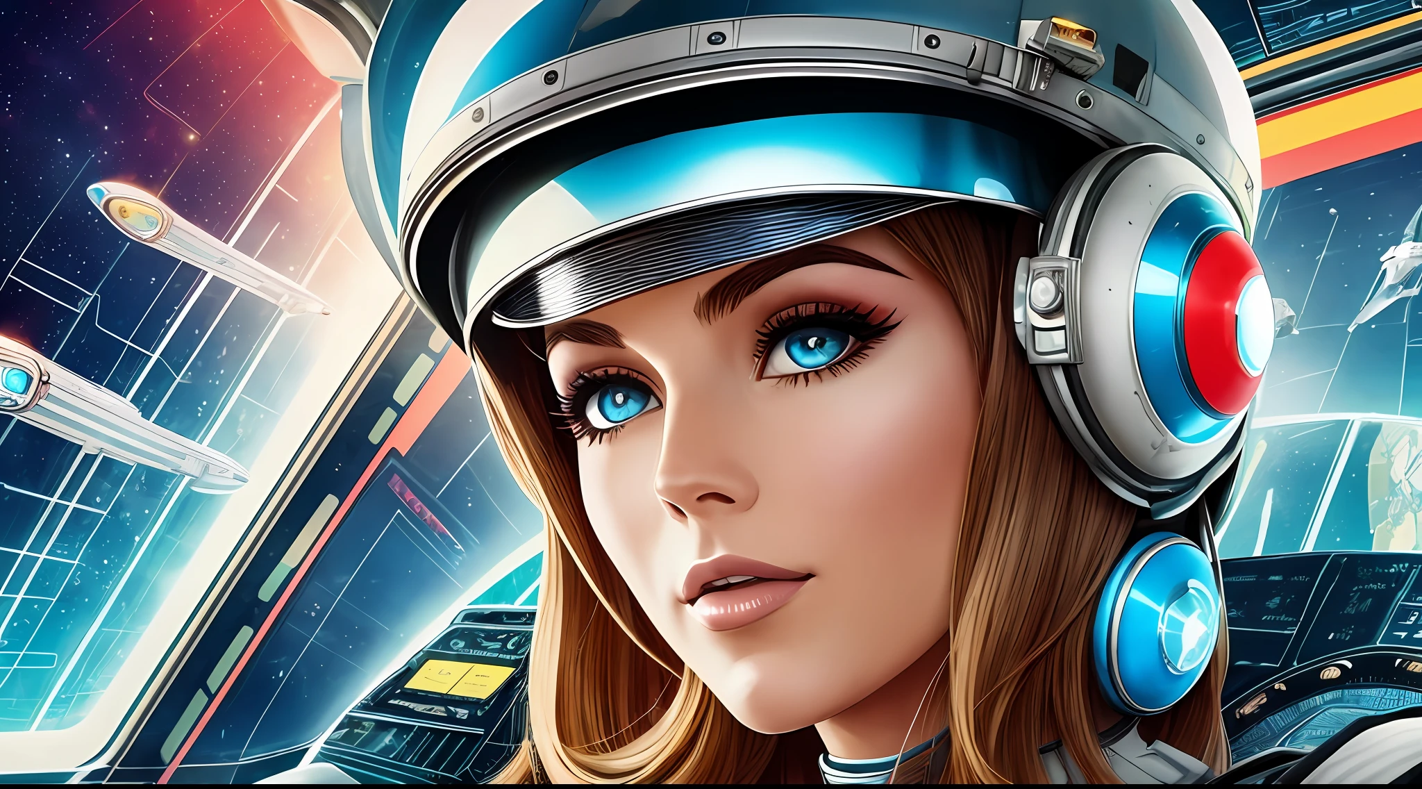 arafed woman in a futuristic helmet in a spaceship cockpit, style of wes anderson, trending on interfacelift, 60s style, inspired by Jodorowsky, kylie minogue as barbarella, circa 1970, pilot girl, trending on artstaion --auto --s2