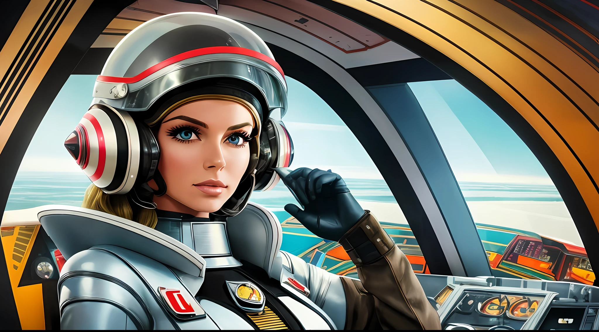 arafed woman in a futuristic helmet in a spaceship cockpit, style of wes anderson, trending on interfacelift, 60s style, inspired by Jodorowsky, kylie minogue as barbarella, circa 1970, pilot girl, trending on artstaion --auto --s2
