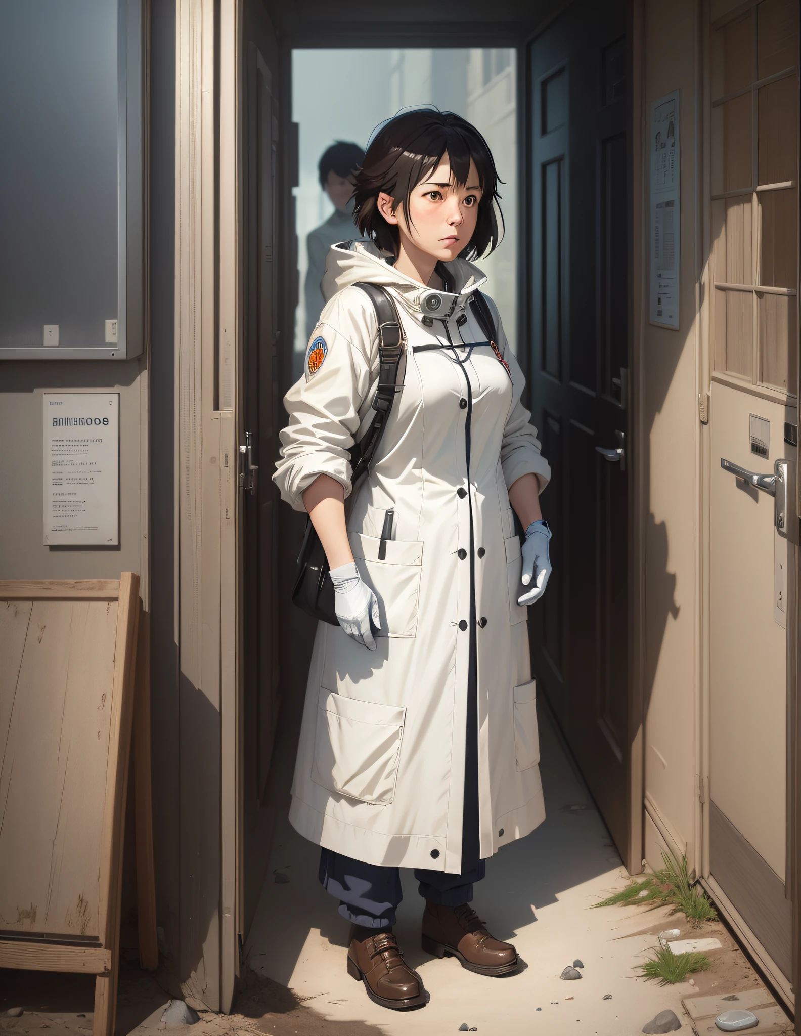 A 60-year-old woman scientist wearing a white coat talking to a robot mine, simple art inspired by the visual style of the ghibli studio, baroque oil painting anime key visual full-body portrait concept art, grimdark brutalist fantasy, kuudere noble dictator, pixiv fan box of trend, rule of thirds golden ratio, by greg rutkowski wlop makoto shinkai takashi takeuchi studio ghibli jamie wyeth