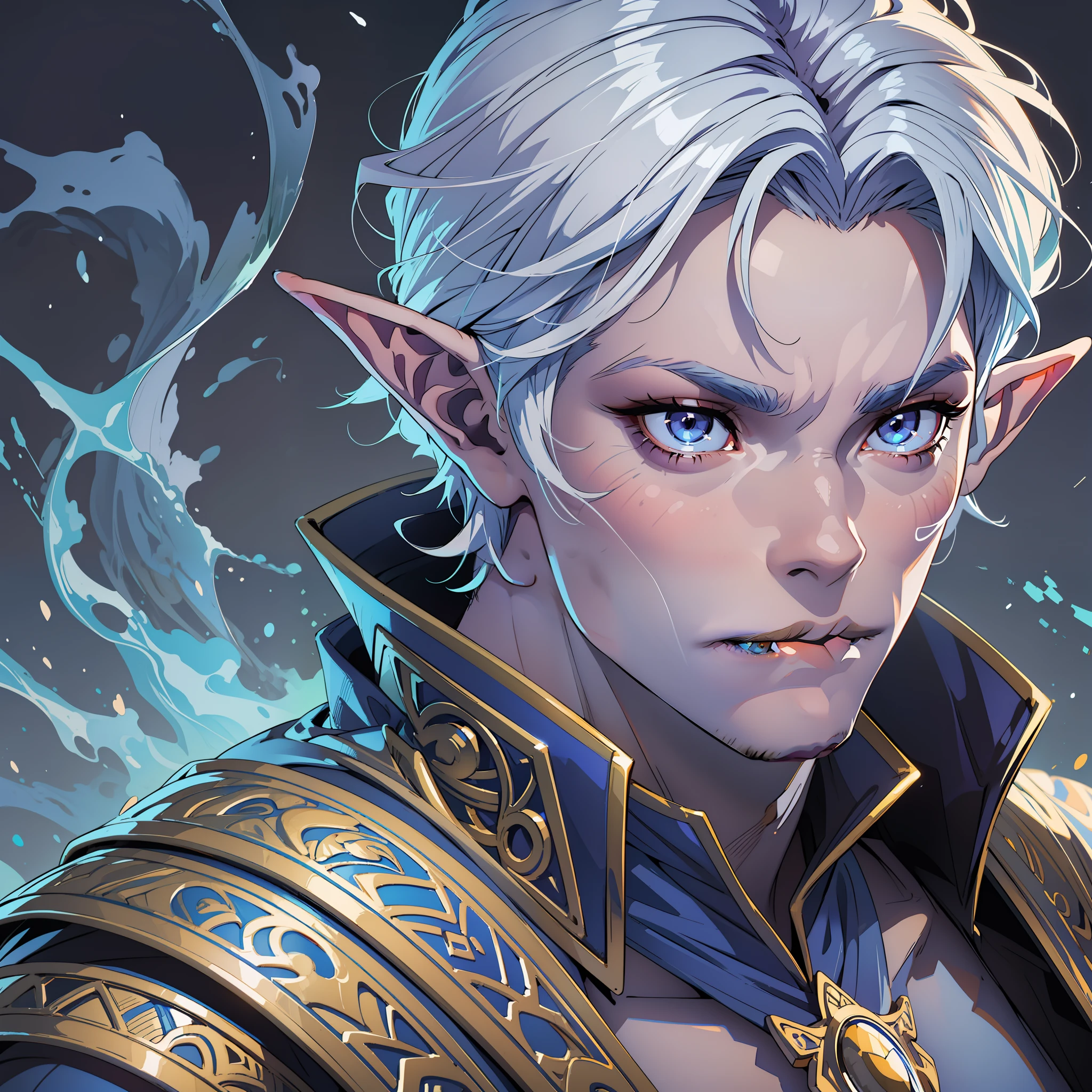 Portrait Rpg, close-up, Vector Art, Race: Elf Gender: Male Age: 60 years Eyes: Blue Skin color: Normal skin with warm shades Physique: normal complexion. Facial features: Skin with wrinkles. Expression: Relaxed look. Hairstyle: Gray gray hair Equipment: Magician clothes Background: library