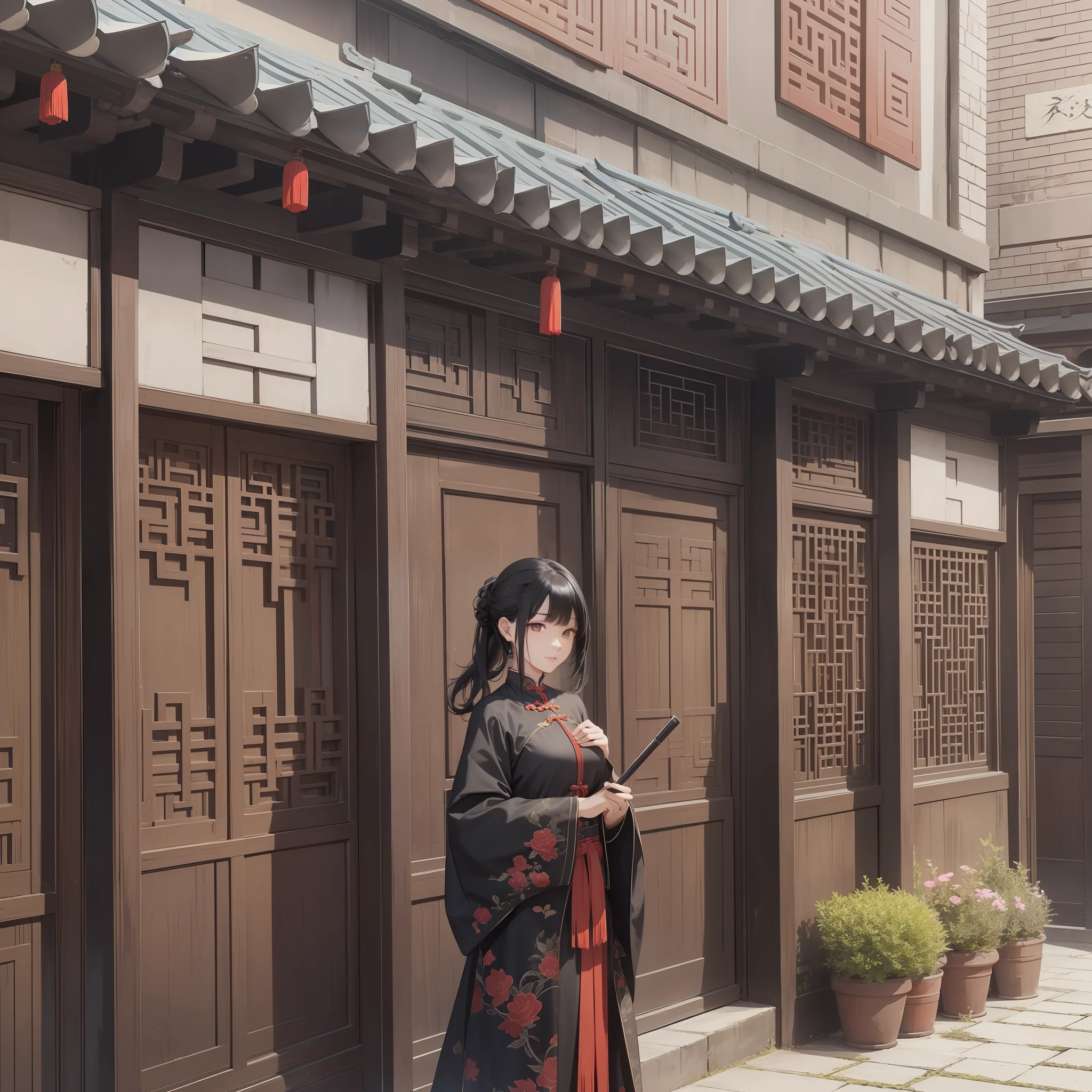 Chinese-style building, courtyard, a young woman with black hair, coiled hair, with an umbrella