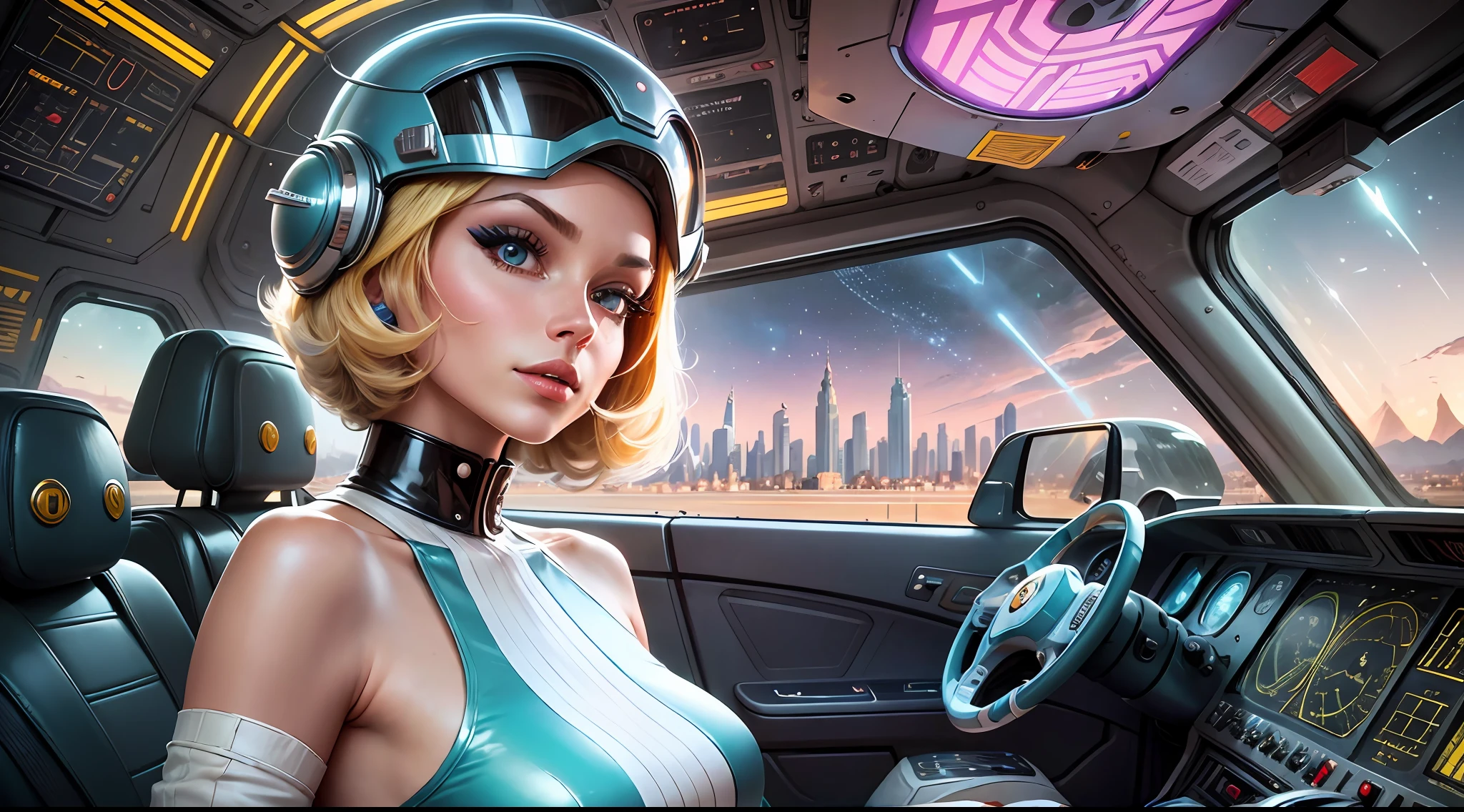 arafed woman in a futuristic helmet in a spaceship cockpit, style of wes anderson, trending on interfacelift, 60s style, inspired by Jodorowsky, kylie minogue as barbarella, circa 1970, pilot girl, trending on artstaion --auto --s2