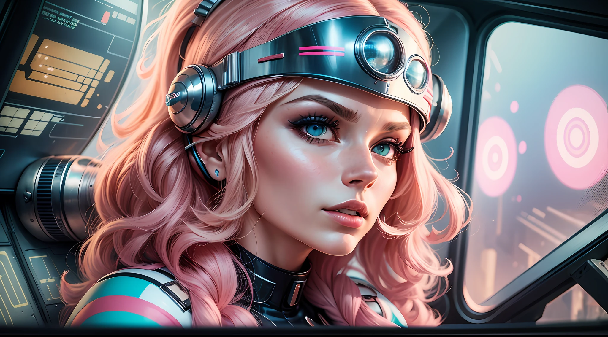 arafed woman in a futuristic helmet in a spaceship cockpit, style of wes anderson, trending on interfacelift, 60s style, inspired by Jodorowsky, kylie minogue as barbarella, circa 1970, pilot girl, trending on artstaion --auto --s2