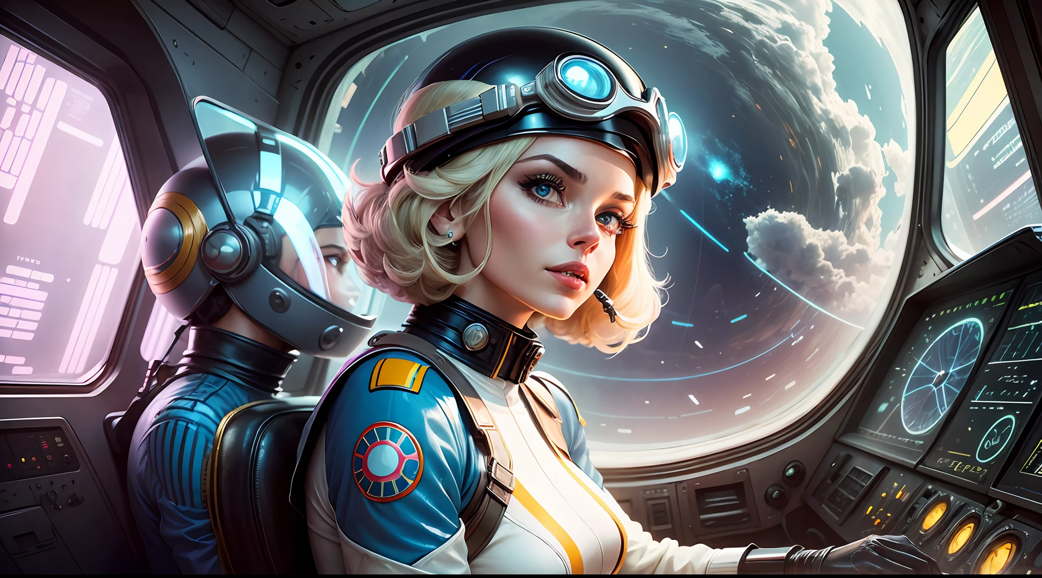 arafed woman in a futuristic helmet in a spaceship cockpit, style of wes anderson, trending on interfacelift, 60s style, inspired by Jodorowsky, kylie minogue as barbarella, circa 1970, pilot girl, trending on artstaion --auto --s2