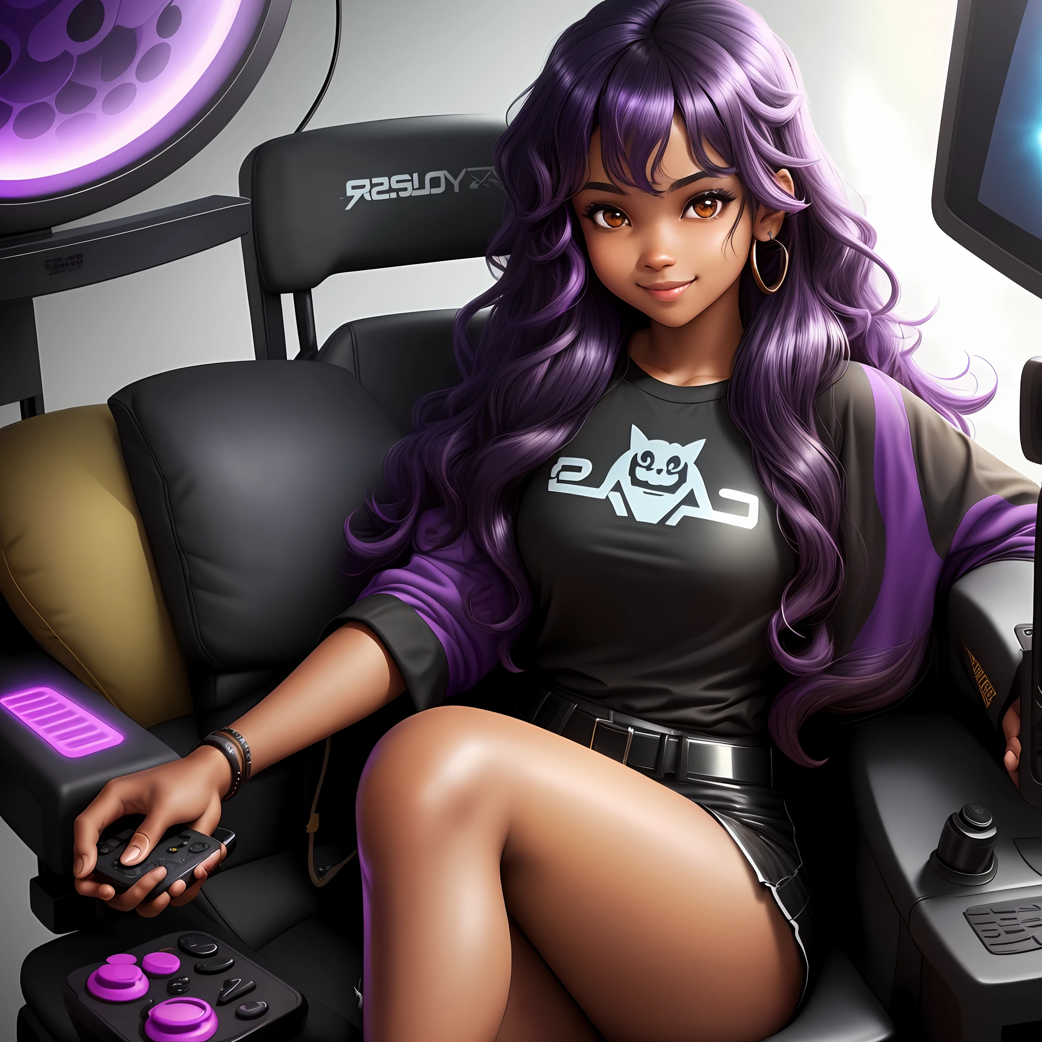 A cute girl with brown skin, sexy body, wavy purple hair [with shades of black], golden eyes (shiny), ultra realistic eyes, playing video games alone, smile, sitting in a chair, and holding a video game controller, round face, realistic lighting, Radiosity, Close UP.
