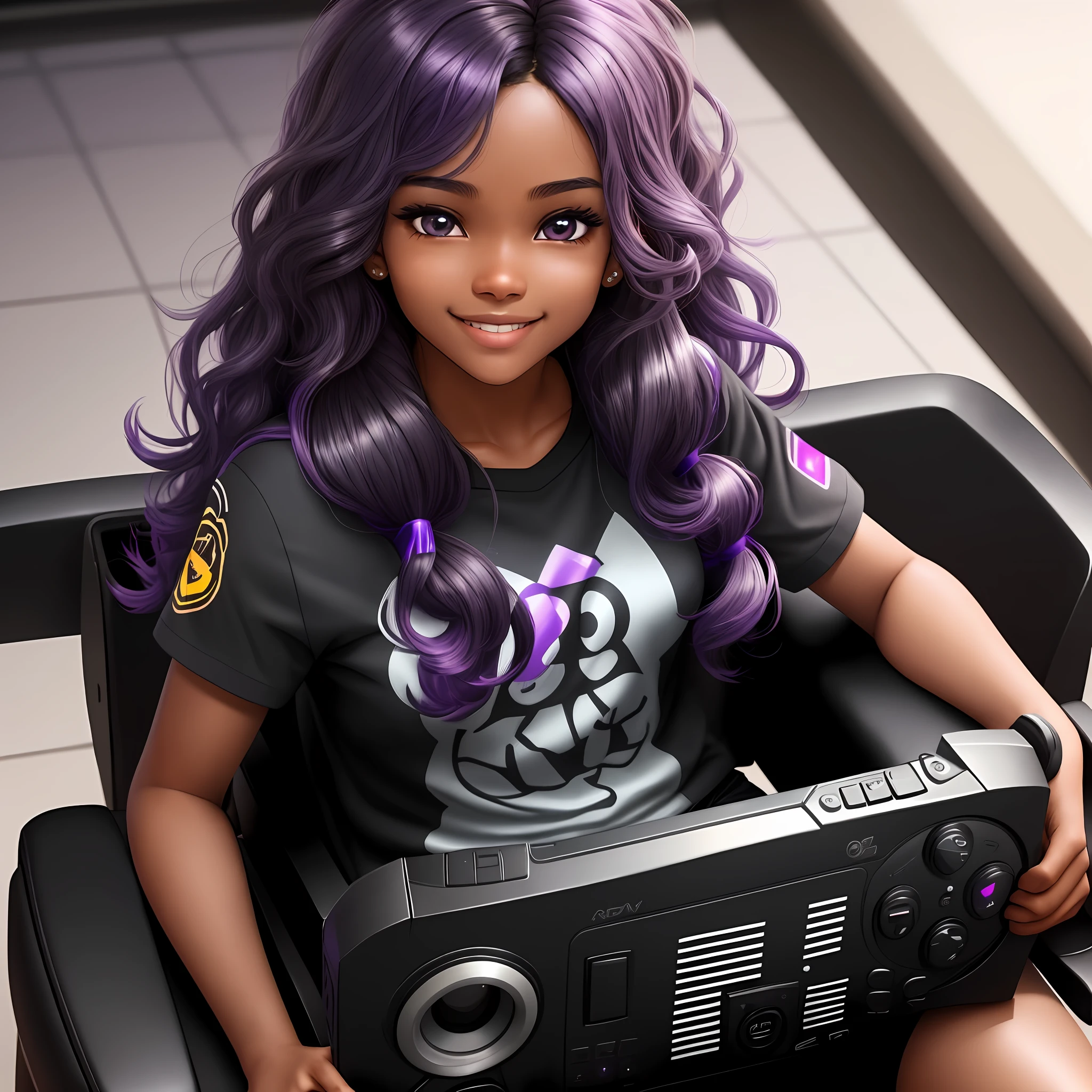 A cute girl with brown skin, sexy body, wavy purple hair [with shades of black], golden eyes (shiny), ultra realistic eyes, playing video games alone, smile, sitting in a chair, and holding a video game controller, round face, realistic lighting, Radiosity, Close UP.