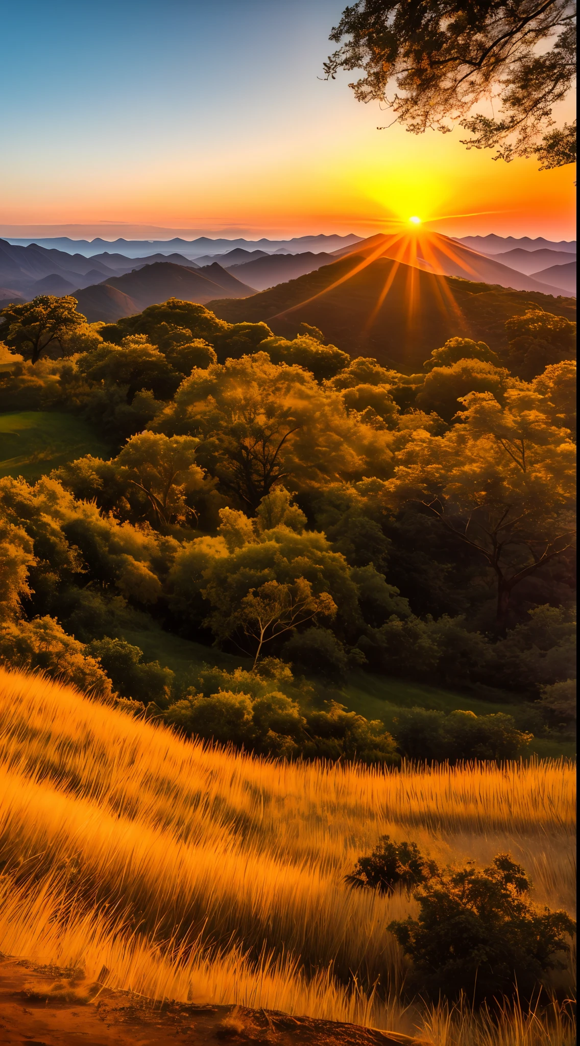 Sunset, evening glow, distant view, realistic, rich colors, gorgeous and colorful, wide-angle lens, shooting in the evening, positive film, naturalistic style, high-definition filming.