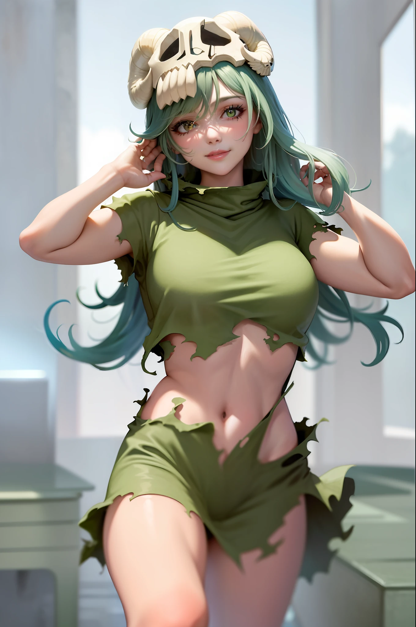 (masterpiece, best quality: 1.2), cowboy shot, solo, 1woman, odelschwanck, sensual expression, smiling, looking at the viewer, hand in own hair, green hair, skull, torn clothes, showing part of breasts, large breasts, torn skirt, barefoot