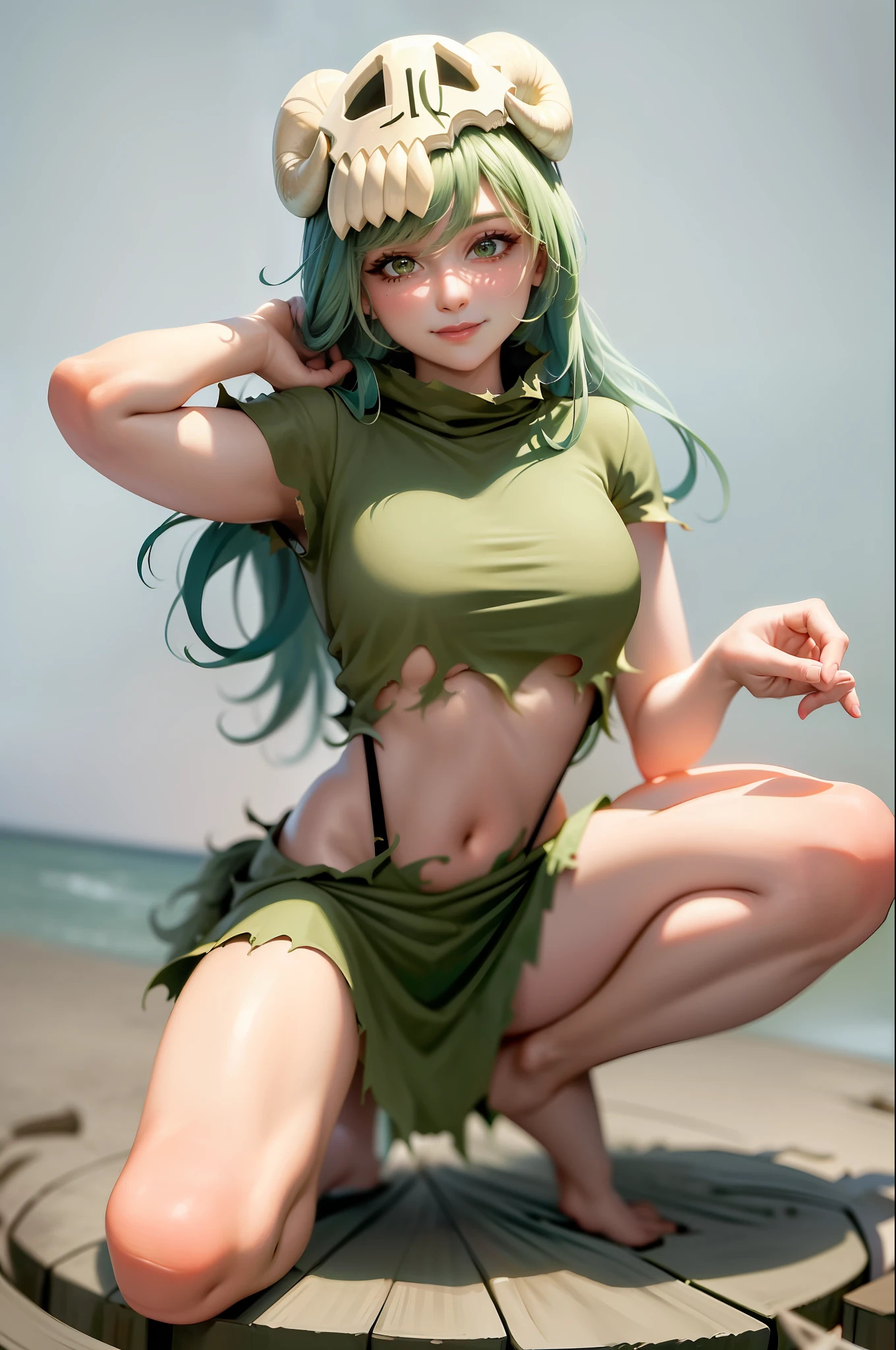 (masterpiece, best quality: 1.2), cowboy shot, solo, 1woman, odelschwanck, sensual expression, smiling, looking at the viewer, hand in own hair, green hair, skull, torn clothes, showing part of breasts, large breasts, torn skirt, barefoot