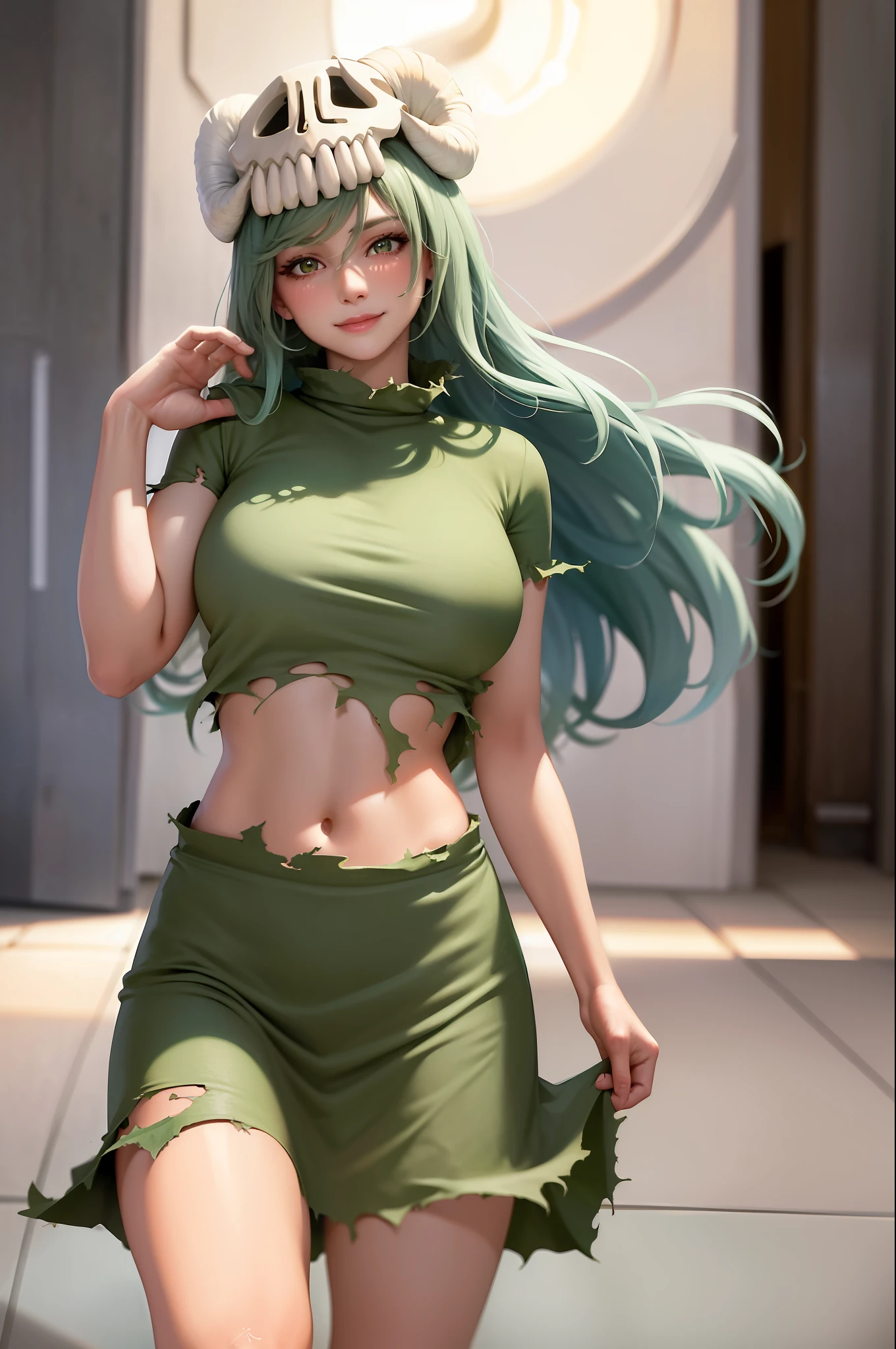 (masterpiece, best quality: 1.2), cowboy shot, solo, 1woman, odelschwanck, sensual expression, smiling, looking at the viewer, hand in own hair, green hair, skull, torn clothes, showing part of breasts, large breasts, torn skirt, barefoot